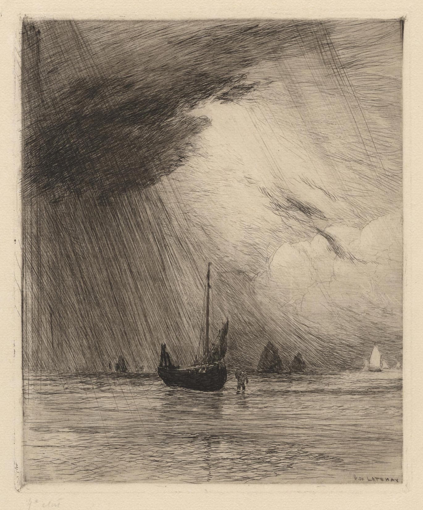 Rain and sun : fishing boat at low tide under the rain