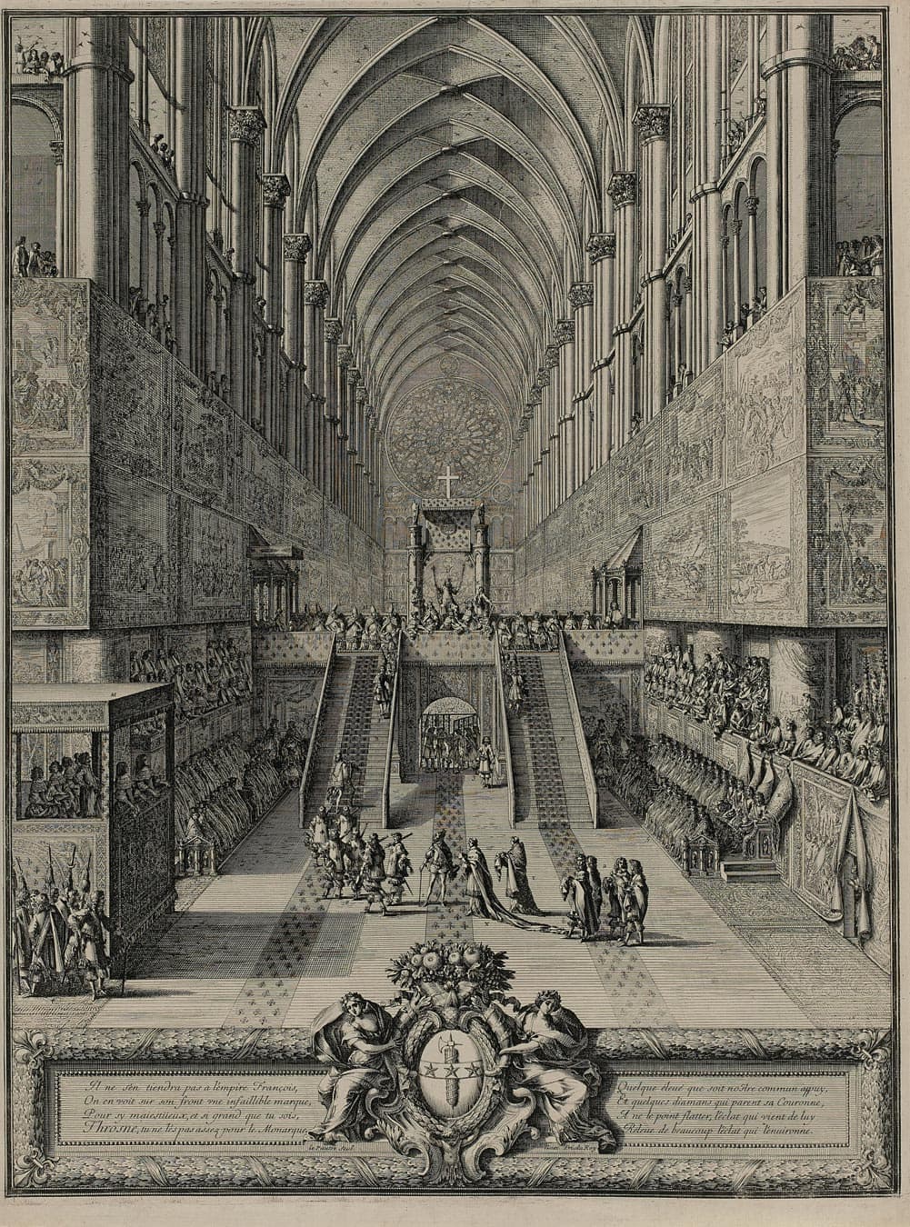 The king under a canopy, holding a sceptre and the hand of justice