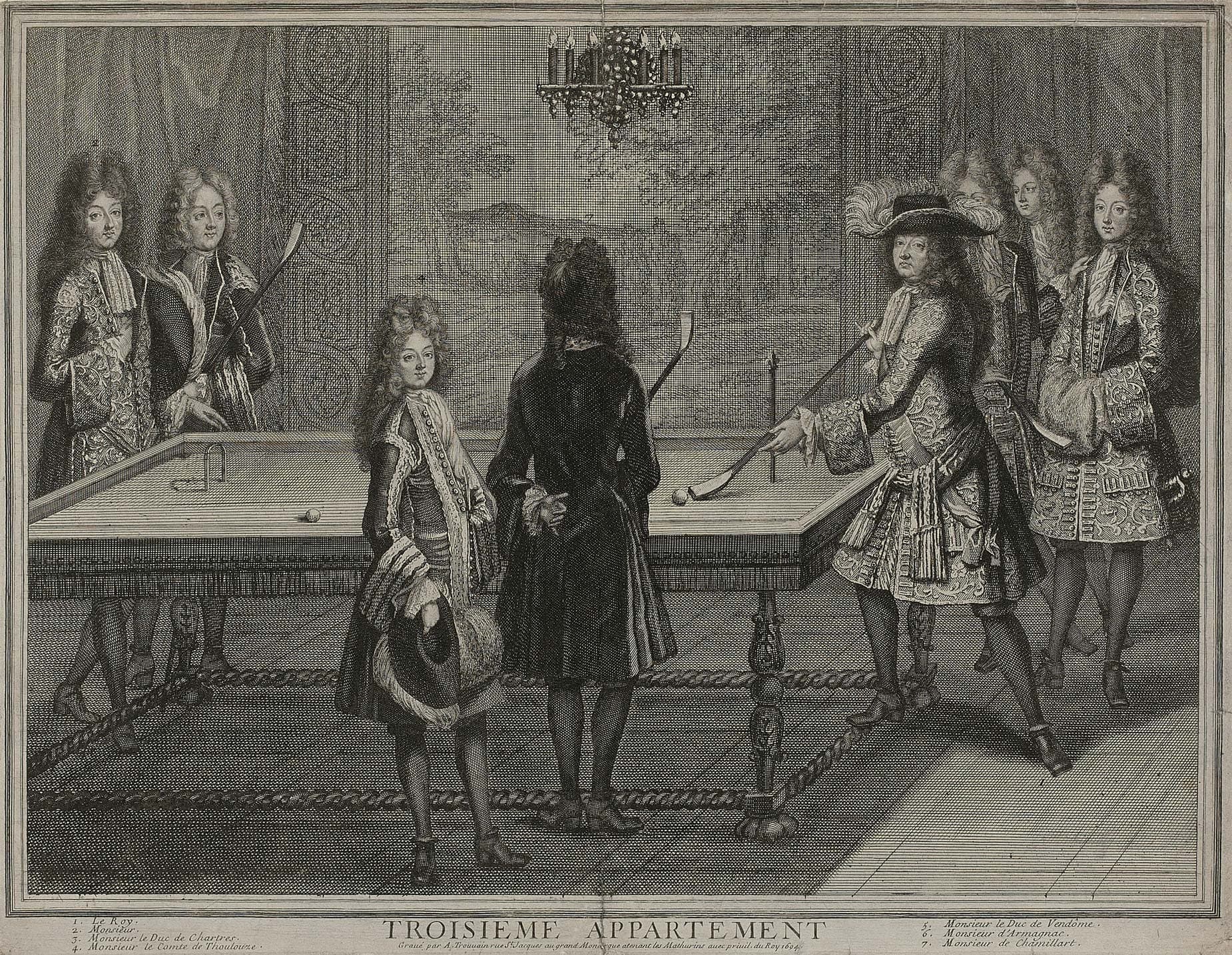 Troisième appartement (le billard) avec le Roy, Monsieur, le duc de Chartres, le Comte de Toulouze, le duc de Vendôme, Monsieur d’Armagnac et Monsieur de Chamillart