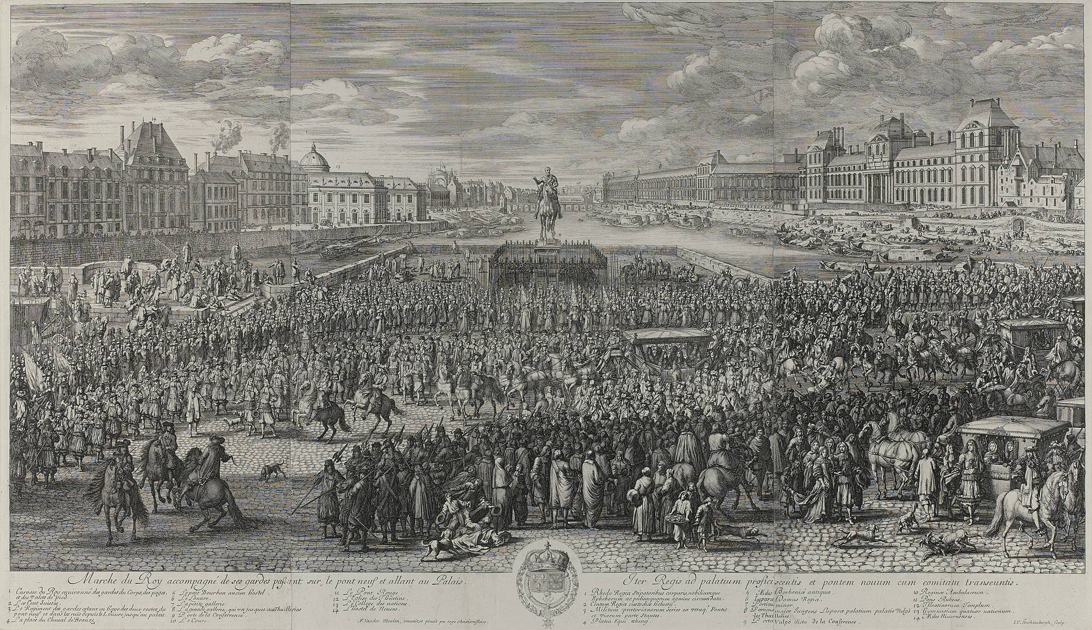 Marche du Roy accompagné de ses gardes passant sur le pont neuf et allant au Palais