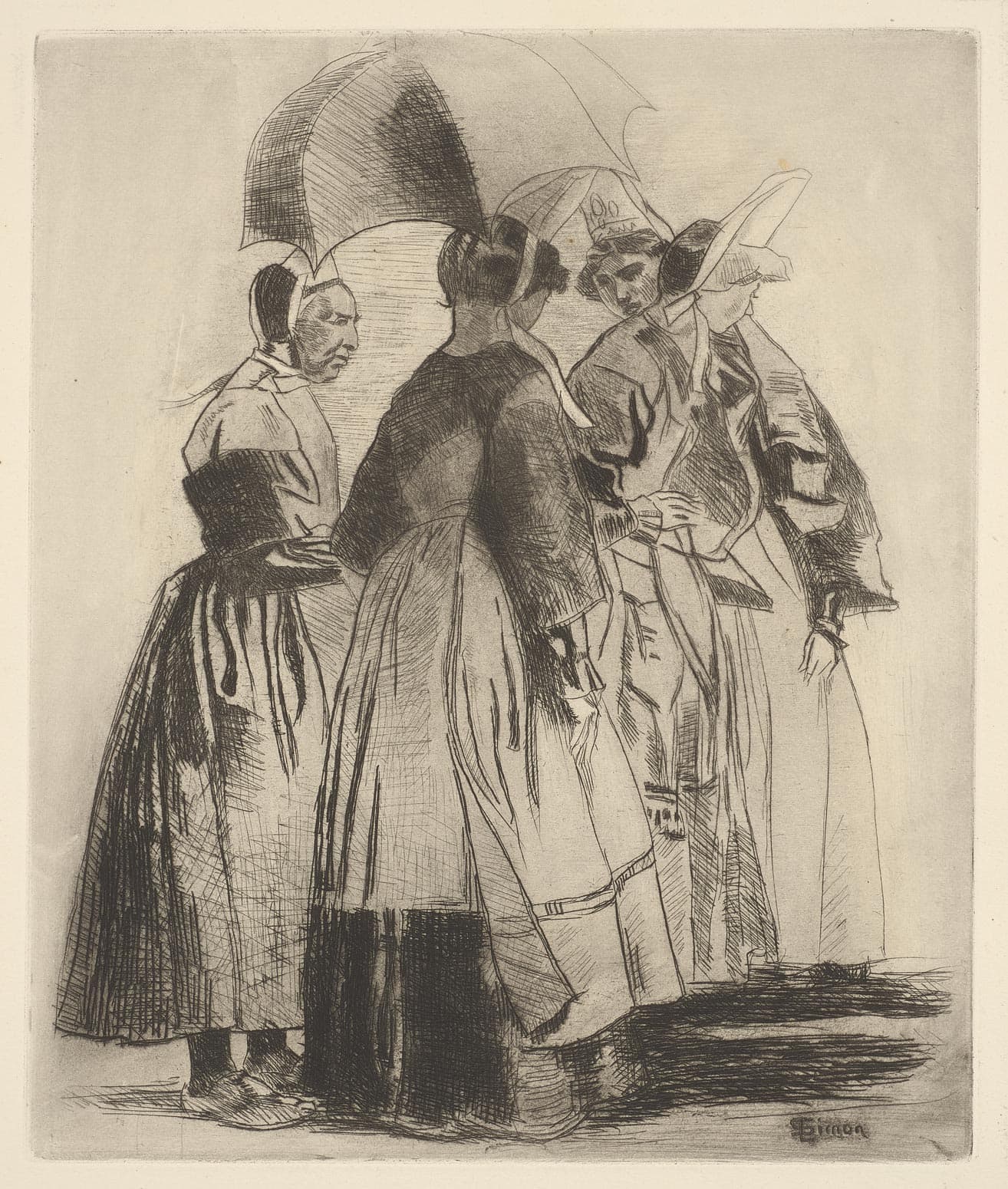 Four Bigoudens with an umbrella