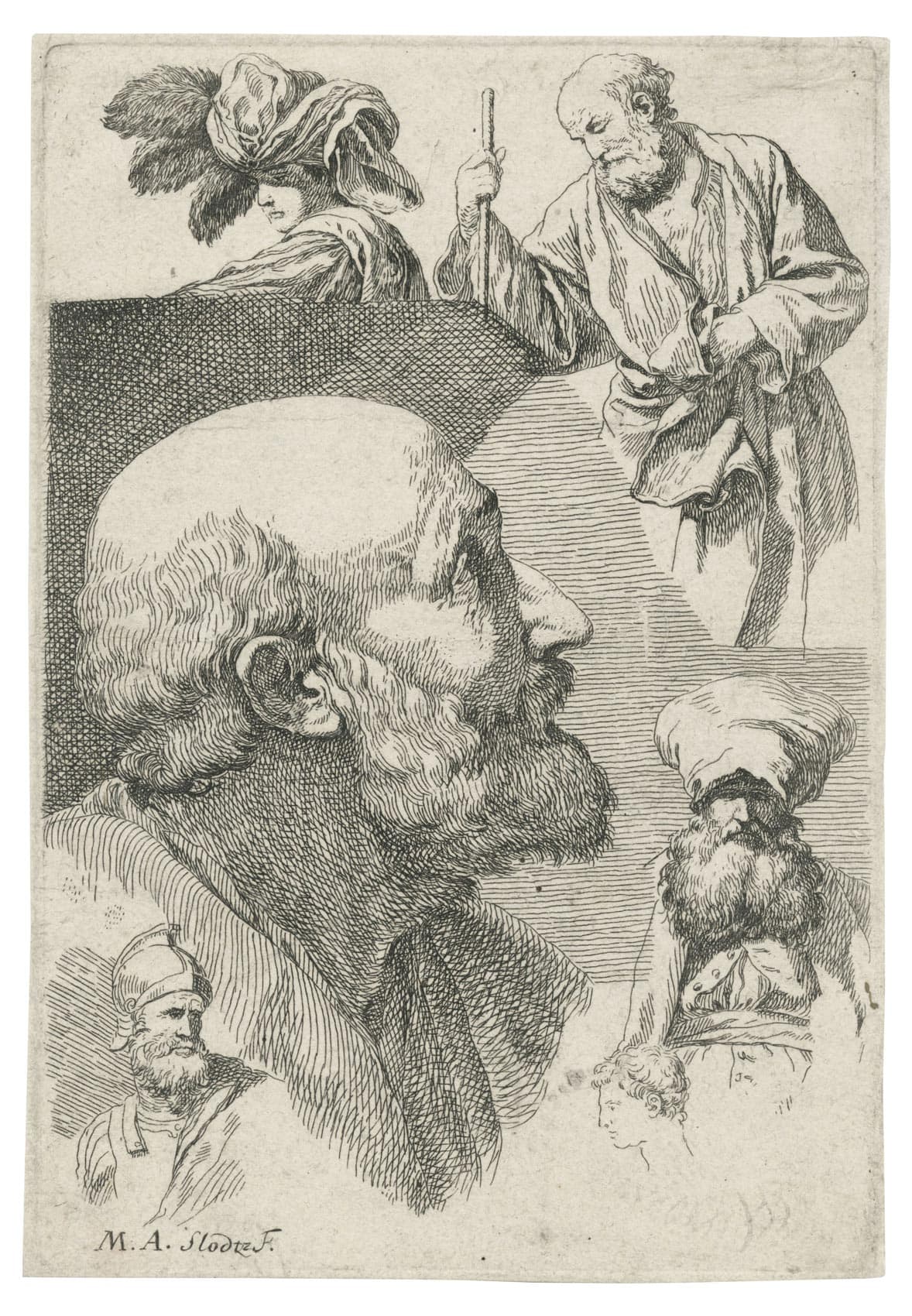 Studies of heads and draped figures