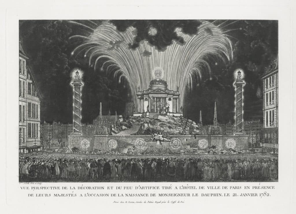 Nicolle – Vue perspective de la décoration et du feu d’artifice tiré à l’Hôtel de Ville de Paris… à l’occasion de la naissance de Monseigneur le Dauphin le 21 Janvier 1782
