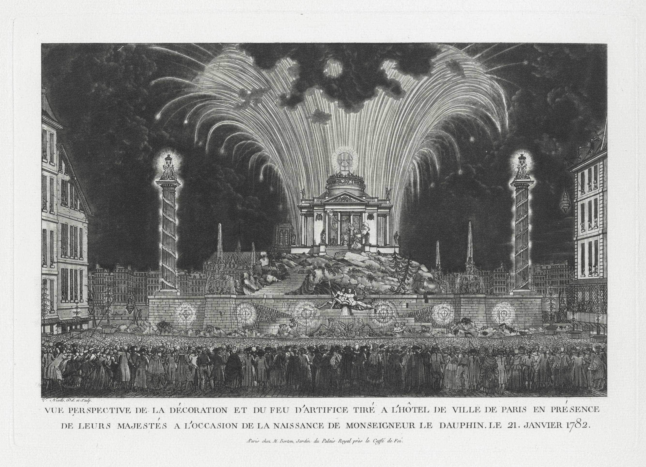 Vue perspective de la décoration et du feu d’artifice tiré à l’Hôtel de Ville de Paris… à l’occasion de la naissance de Monseigneur le Dauphin le 21 Janvier 1782