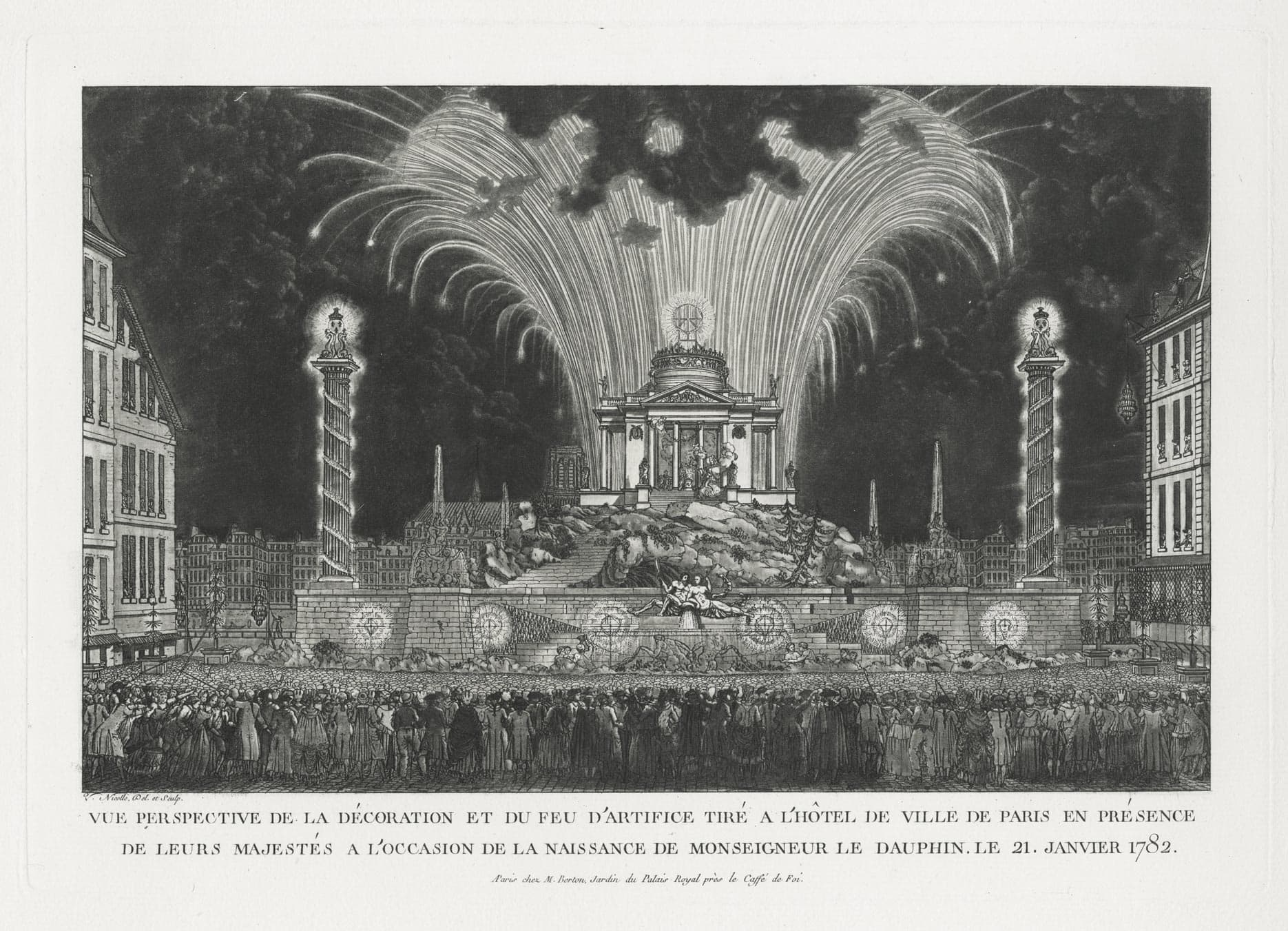 Vue perspective de la décoration et du feu d’artifice tiré à l’Hôtel de Ville de Paris… à l’occasion de la naissance de Monseigneur le Dauphin le 21 Janvier 1782
