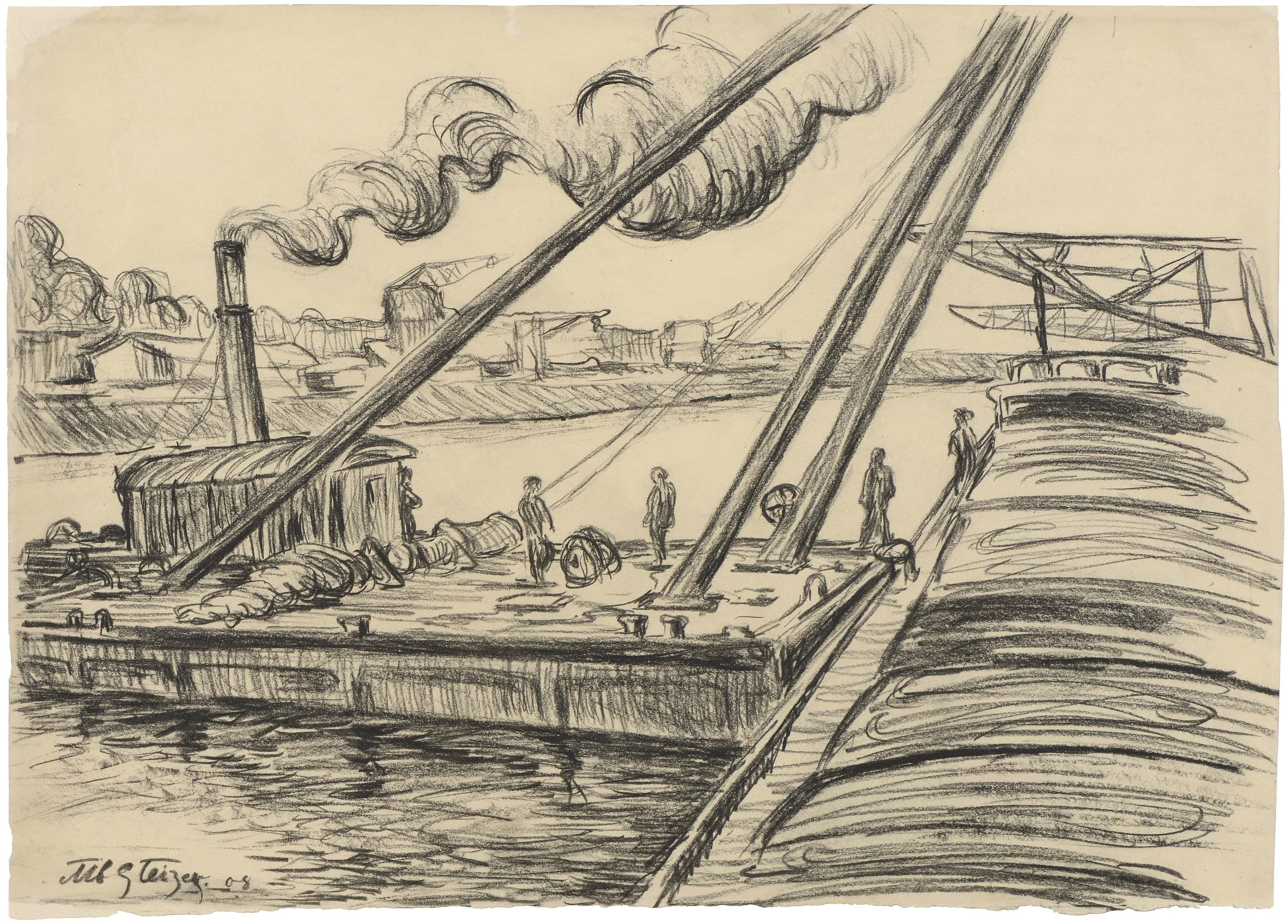 Port fluvial avec des ouvriers au travail