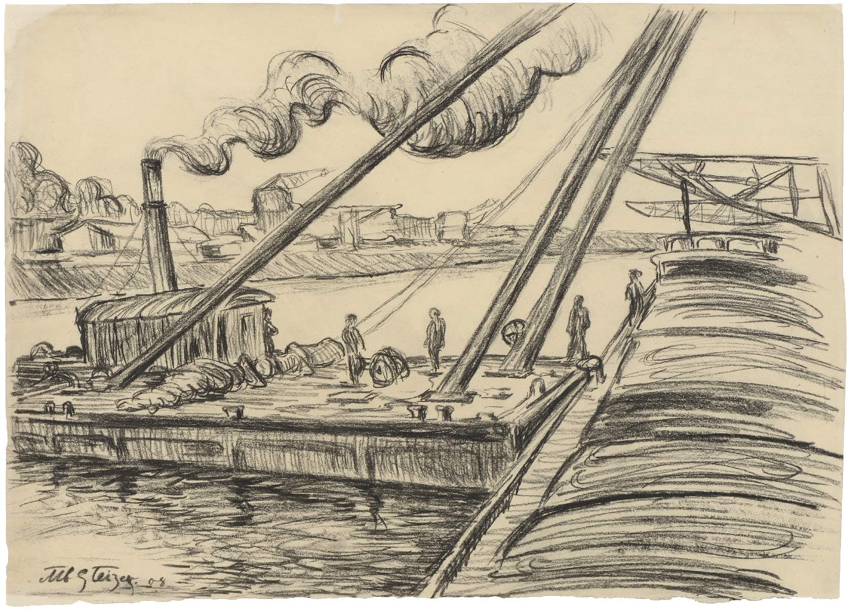 Port fluvial avec des ouvriers au travail