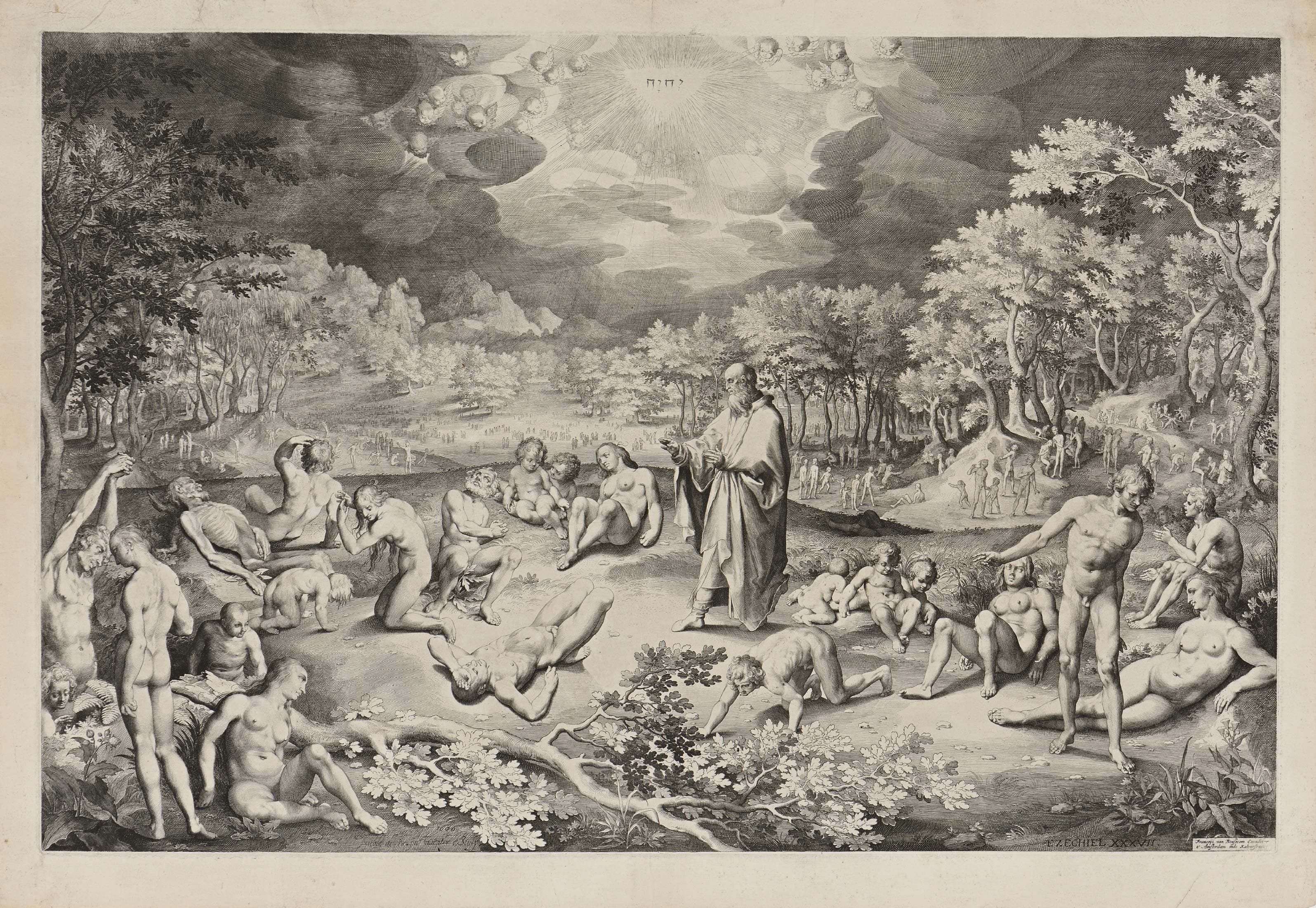 La vision d'Ezéchiel XXXVII ; les ossements desséchés reprennent forme humaine et le prophète leur rend l'esprit