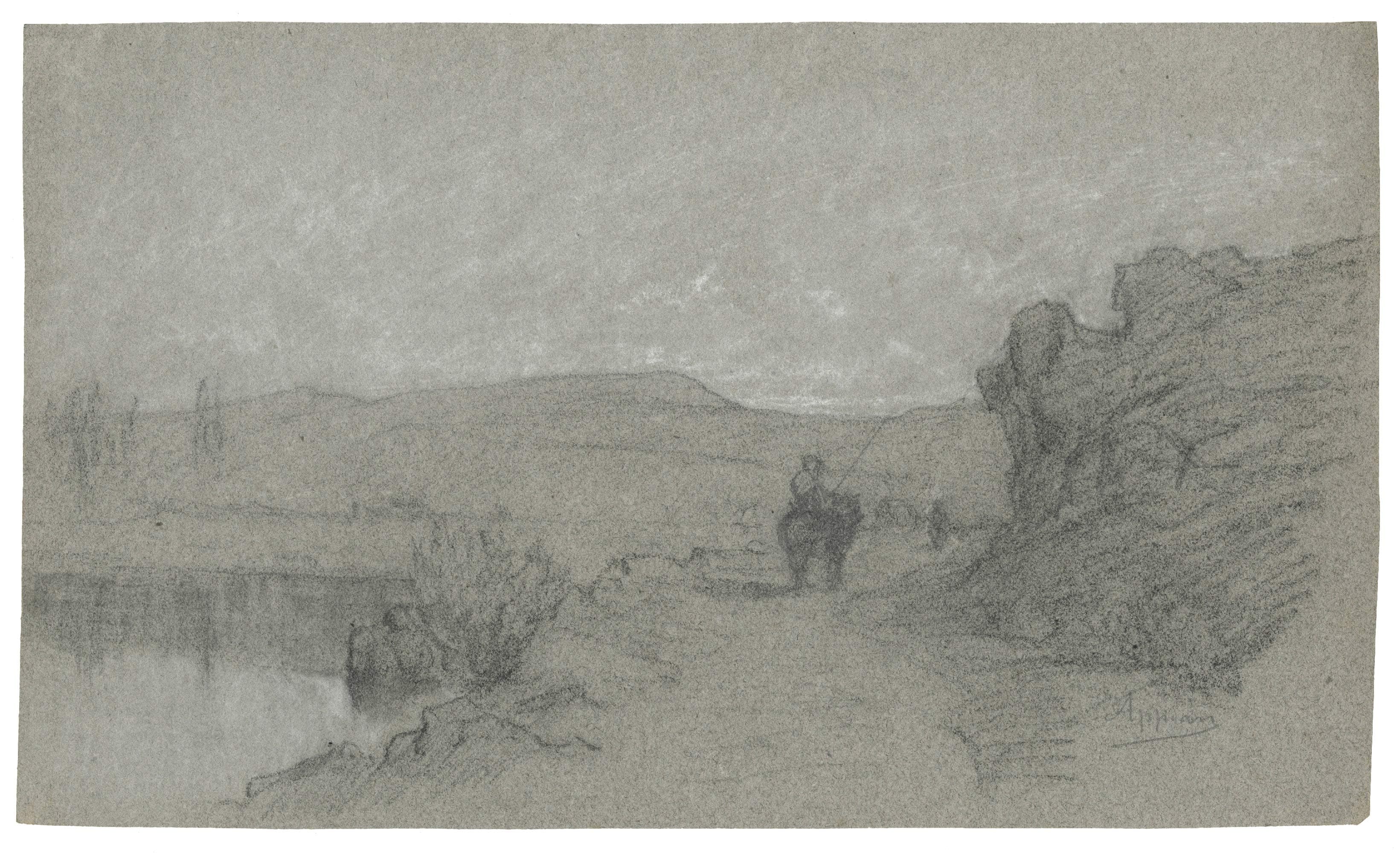 Ane monté cheminant le long d'un étang