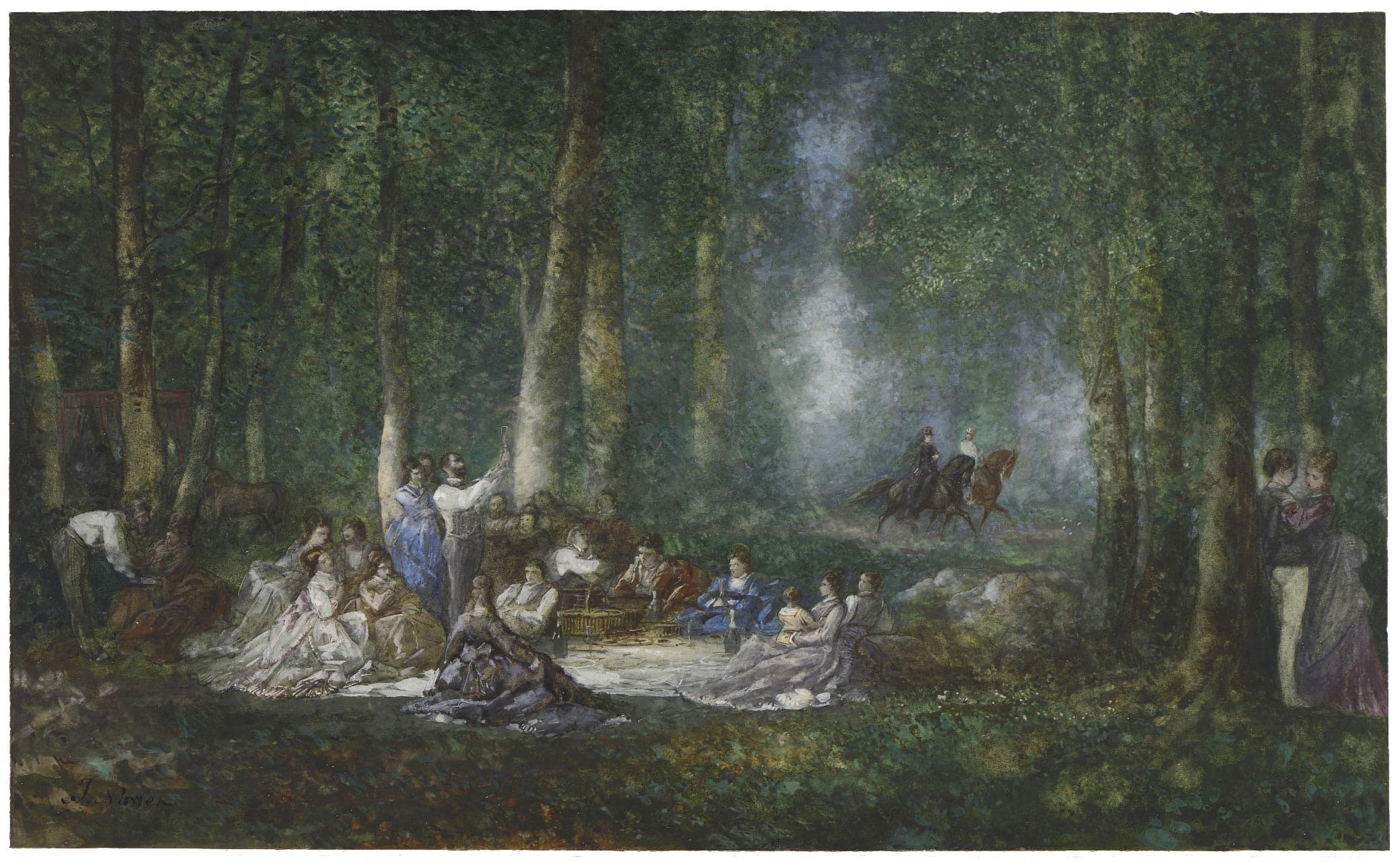 En forêt, déjeuner sur l'herbe dans une clairière