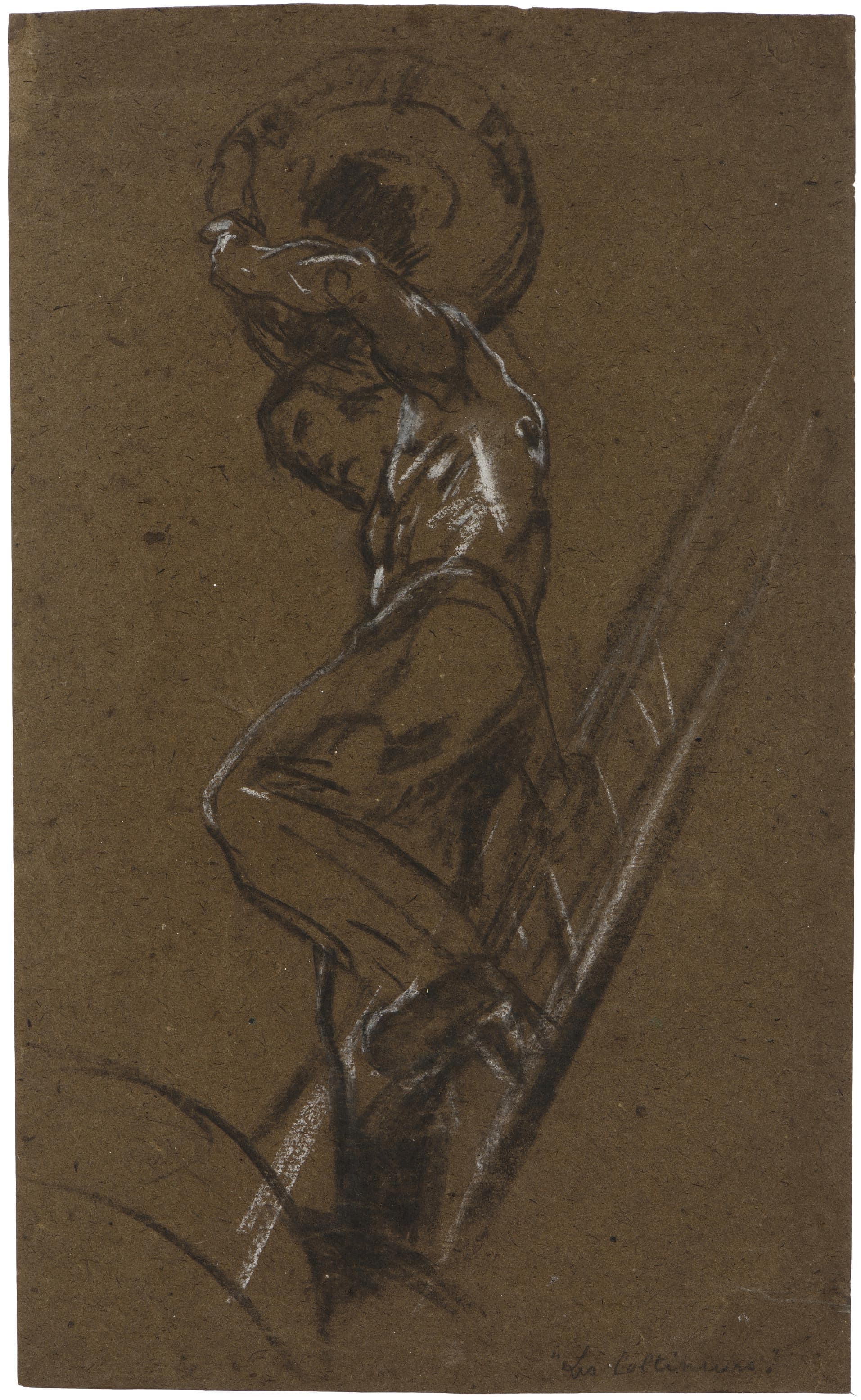 Homme, torse nu, descendant d'une échelle