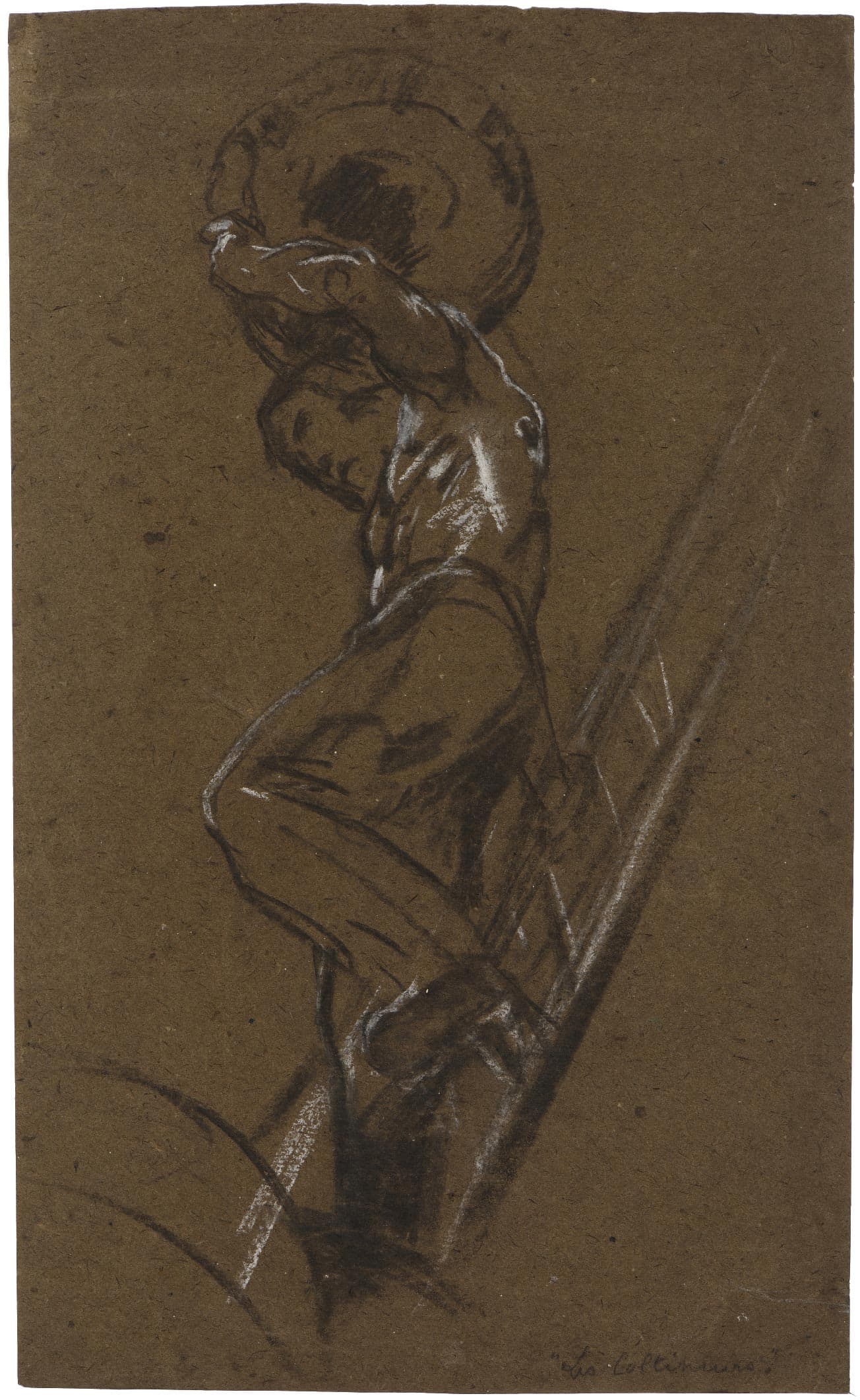 Homme, torse nu, descendant d'une échelle