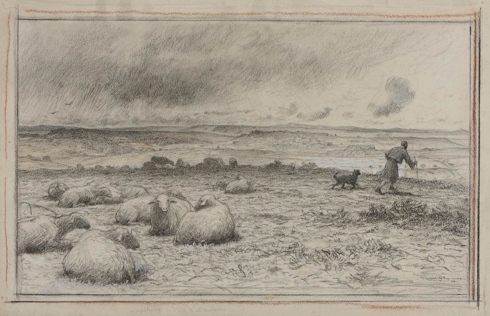 Shepherd and his dog sherpherding his flock in a landscape