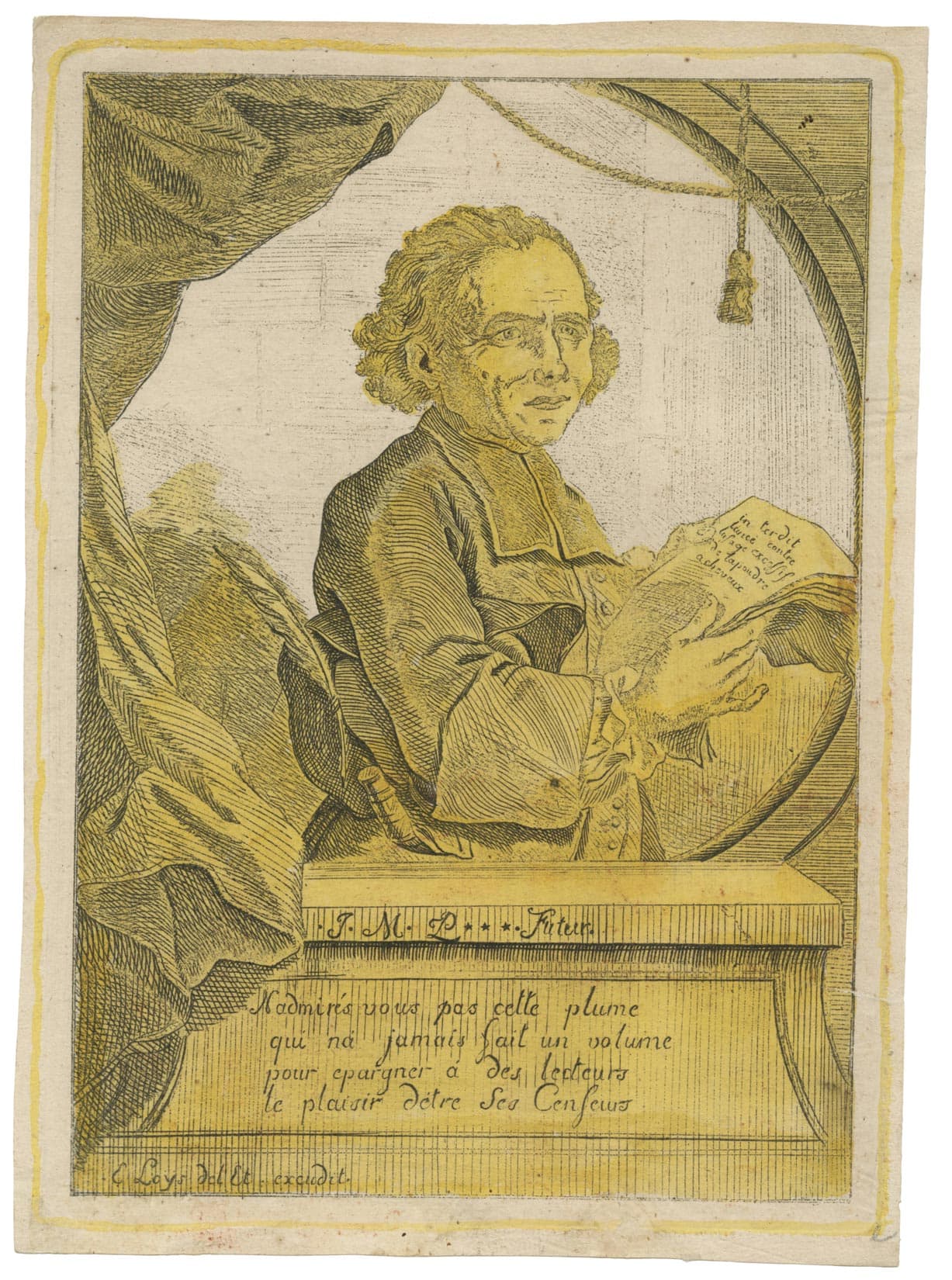 Sitted Abbot Holding a Sheet with the Inscription : Forbidden...Against the Excessive Use of Hair Powder