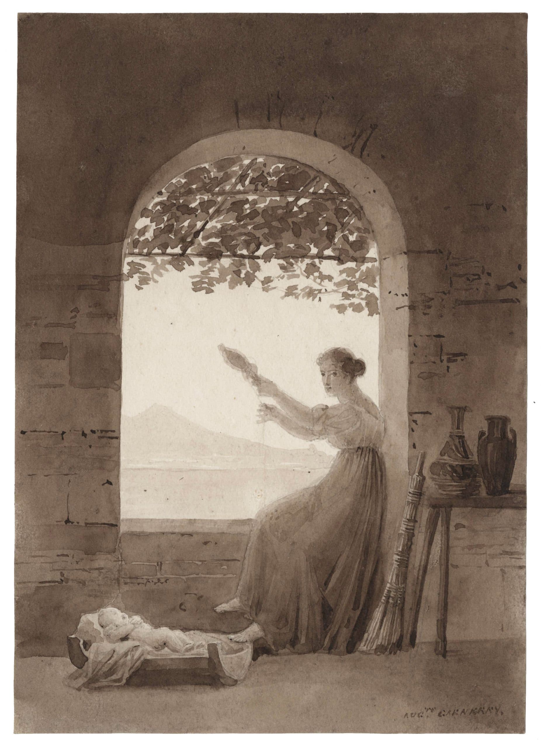 Scène troubadour : jeune femme tissant auprès de son nourrisson