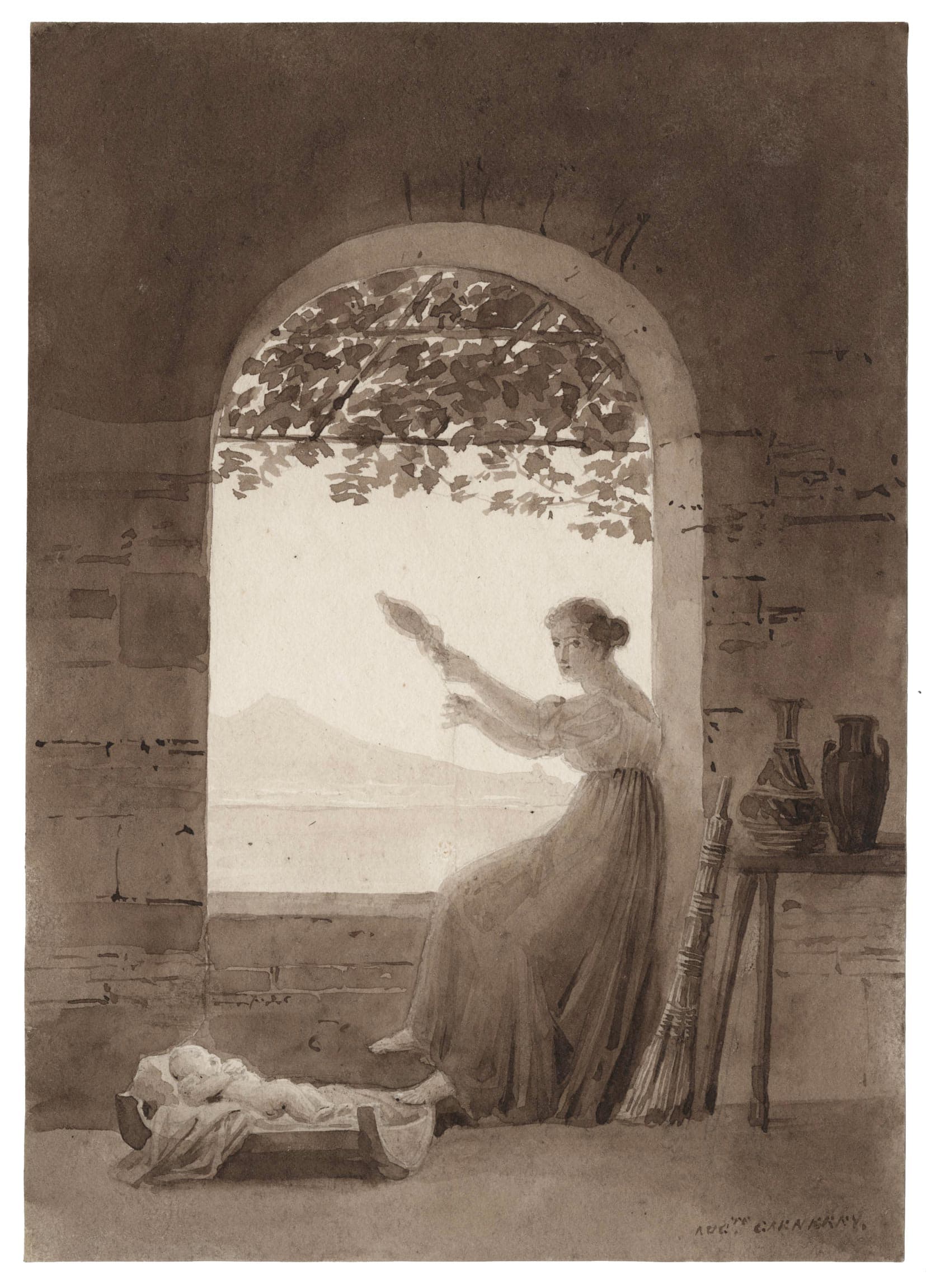 Scène troubadour : jeune femme tissant auprès de son nourrisson