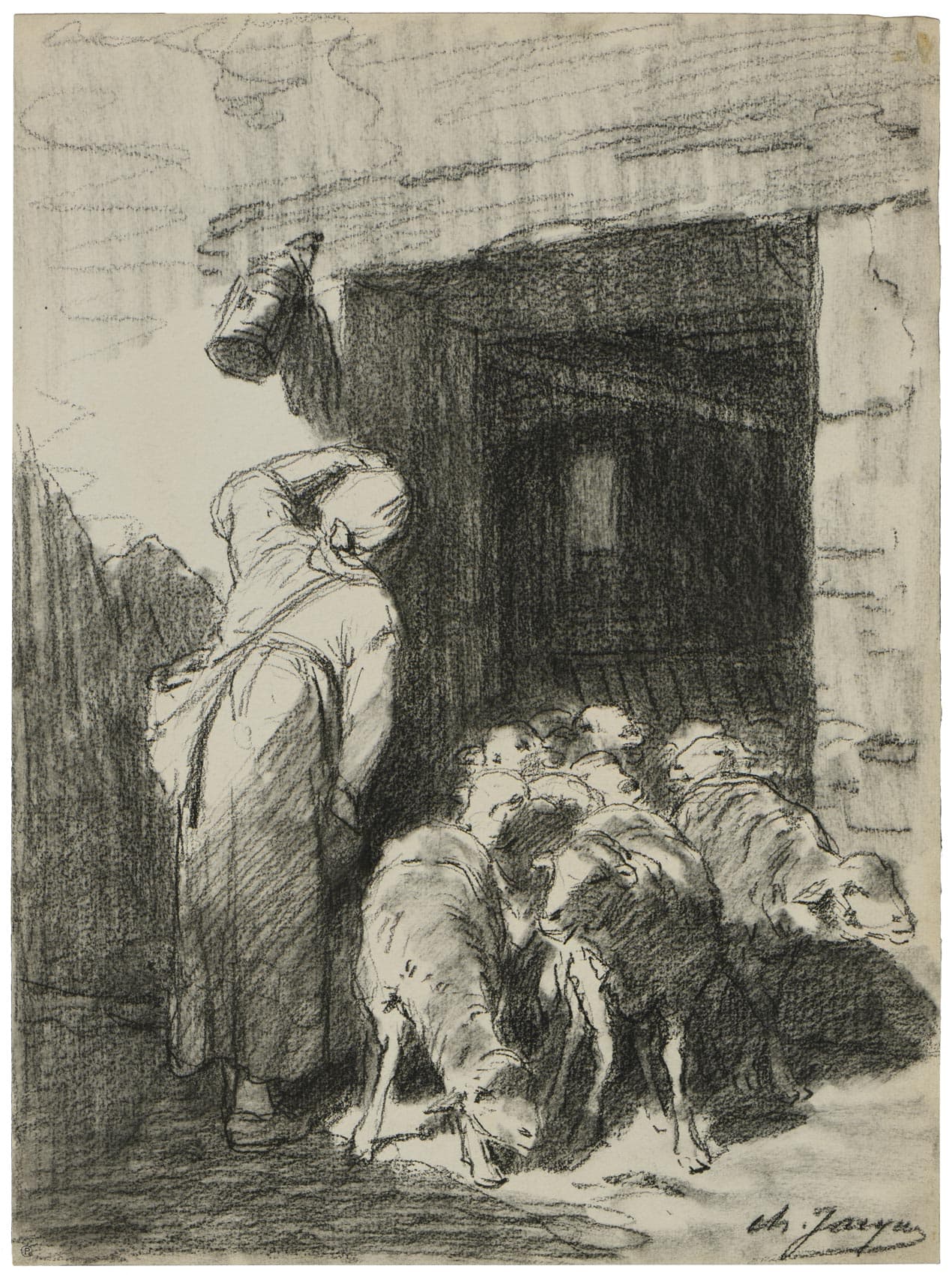 Shepherdess and her Flock of Sheep Coming out of the Stable