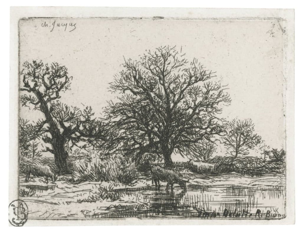Jacque – Arbres et vaches près d’une mare, paysage d’hiver