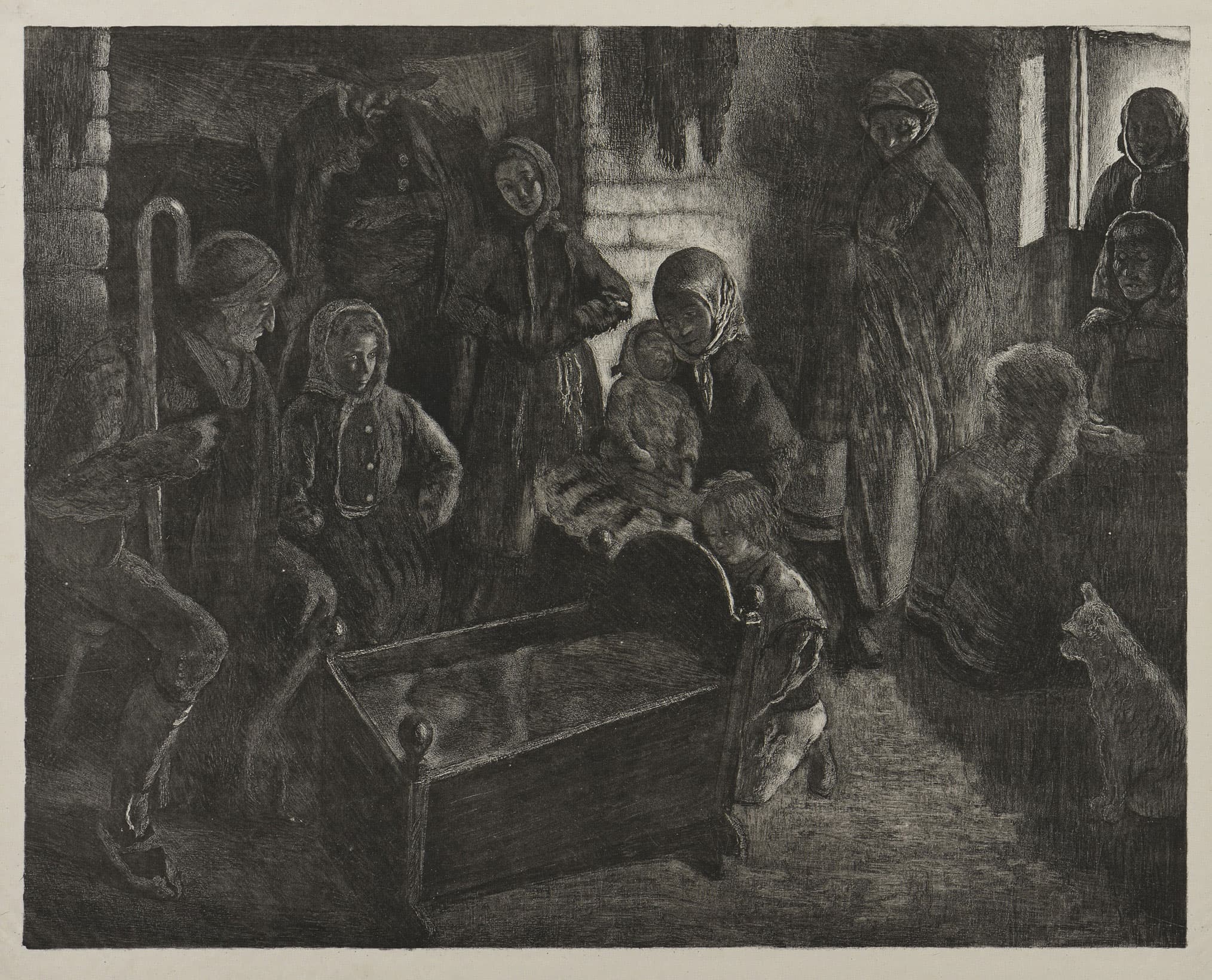 Famille en deuil autour d'un berceau vide