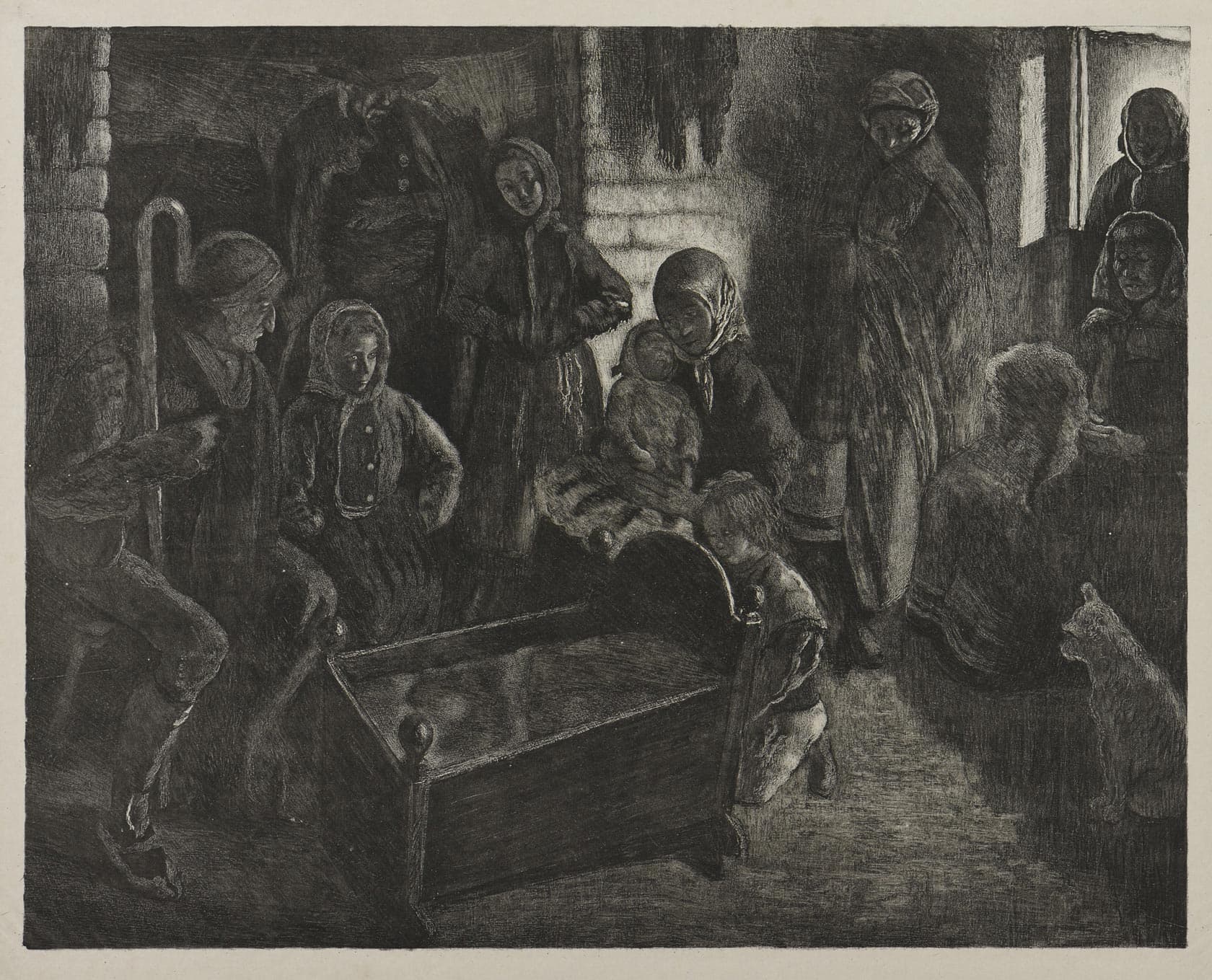 Famille en deuil autour d'un berceau vide