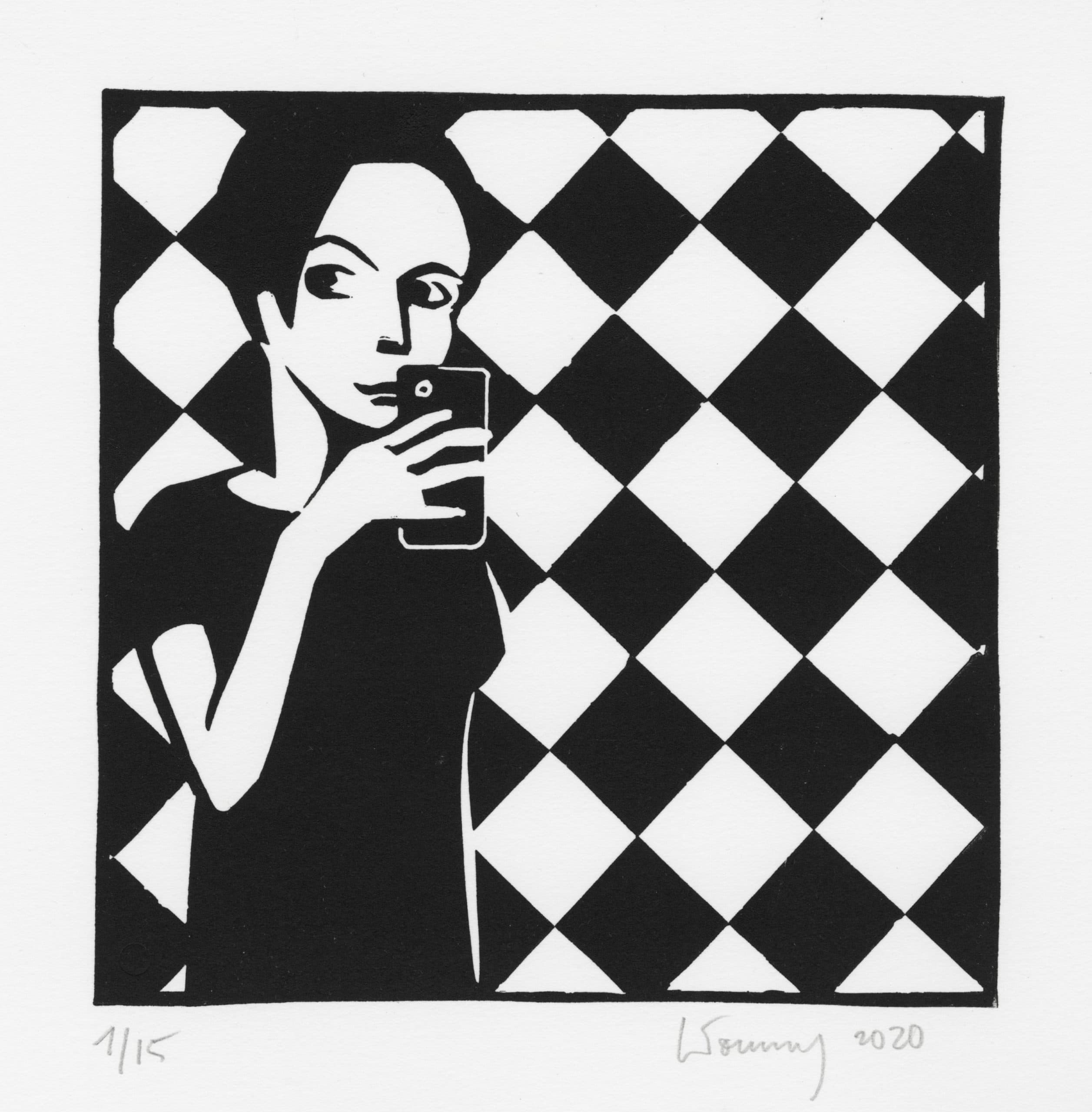 Sans titre (jeune femme de face avec fond en damier)