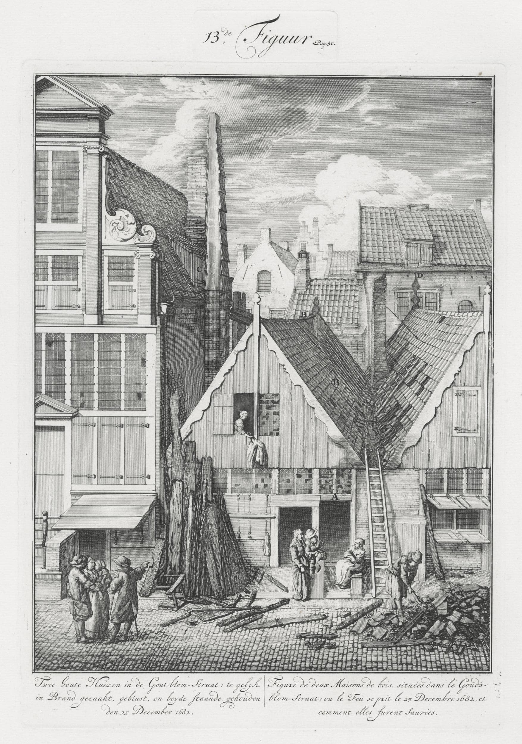 Figure de deux Maisons en bois dans Gouds //bloomstraat où le Feu se prit le 25 Décembre 1682 et //comme elles furent Sauvées