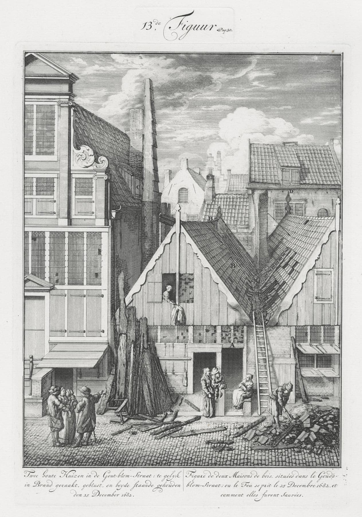Figure de deux Maisons en bois dans Gouds //bloomstraat où le Feu se prit le 25 Décembre 1682 et //comme elles furent Sauvées
