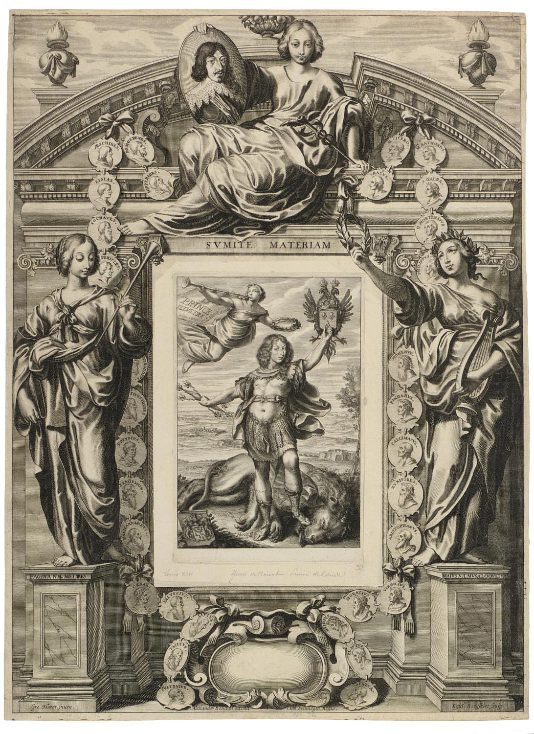 Portrait of Henri II de Bourbon, prince of Condé, in the midst of an architectural frame comprising a portrait of Louis XIII in an oval at the top and allegories of Glory and Fame