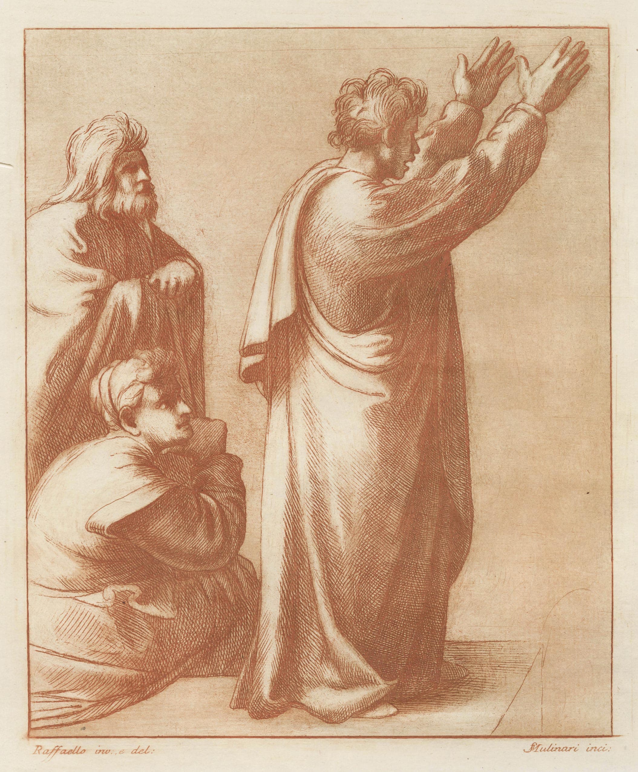 MULINARI, Stefano — Two standing men, one sited woman, all turned to the right, after Raphaello