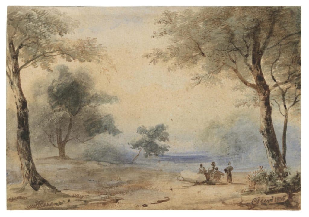 Ciceri – Groupe de promeneurs se reposant dans un paysage boisé