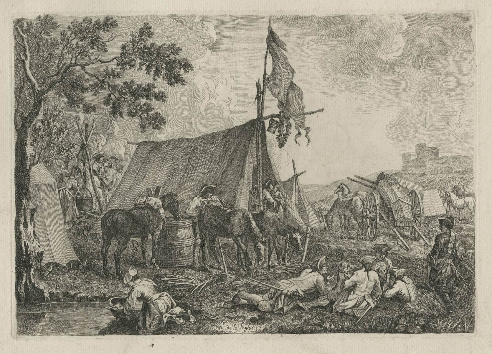 Soldiers resting at the foot of a castle