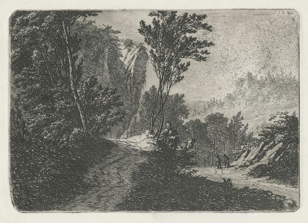 Baron – Paysage avec deux personnages en conversation sur un chemin