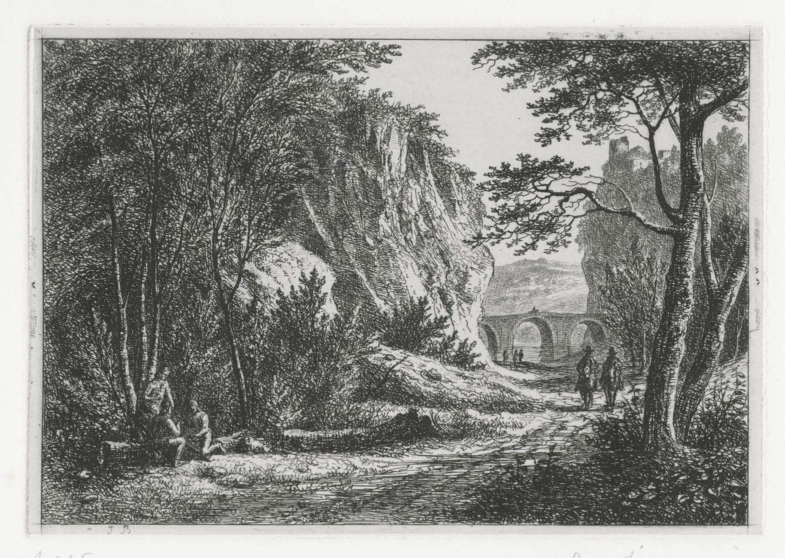 Card players near a path leading to a bridge
