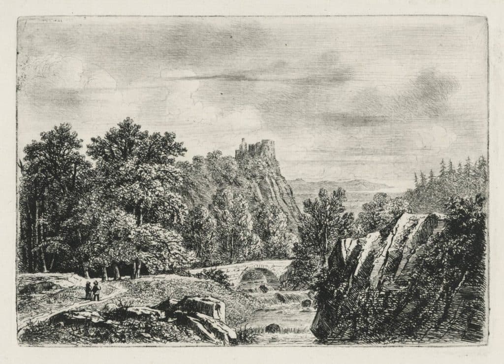 Baron – Deux personnages sur un chemin menant à un pont