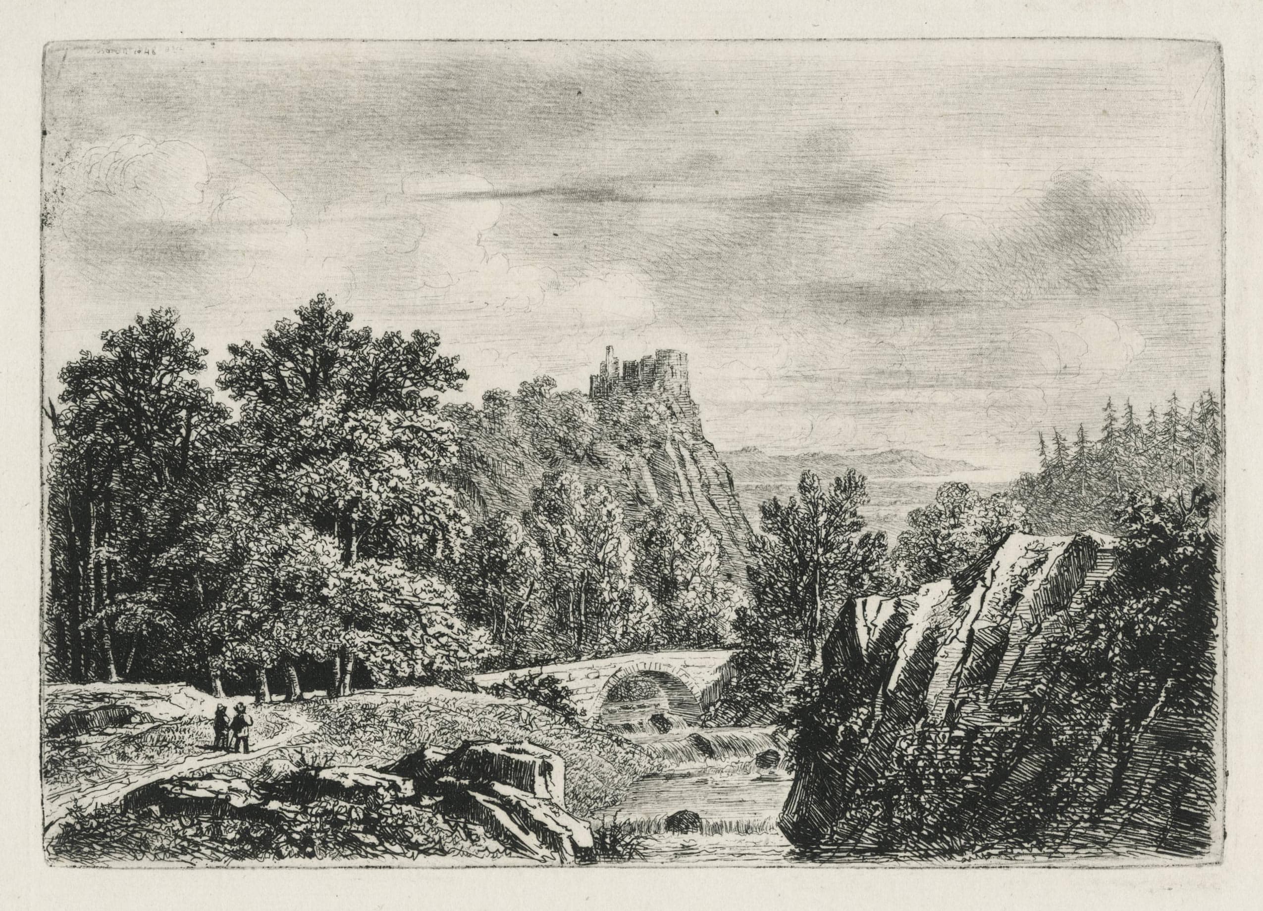 Deux personnages sur un chemin menant à un pont