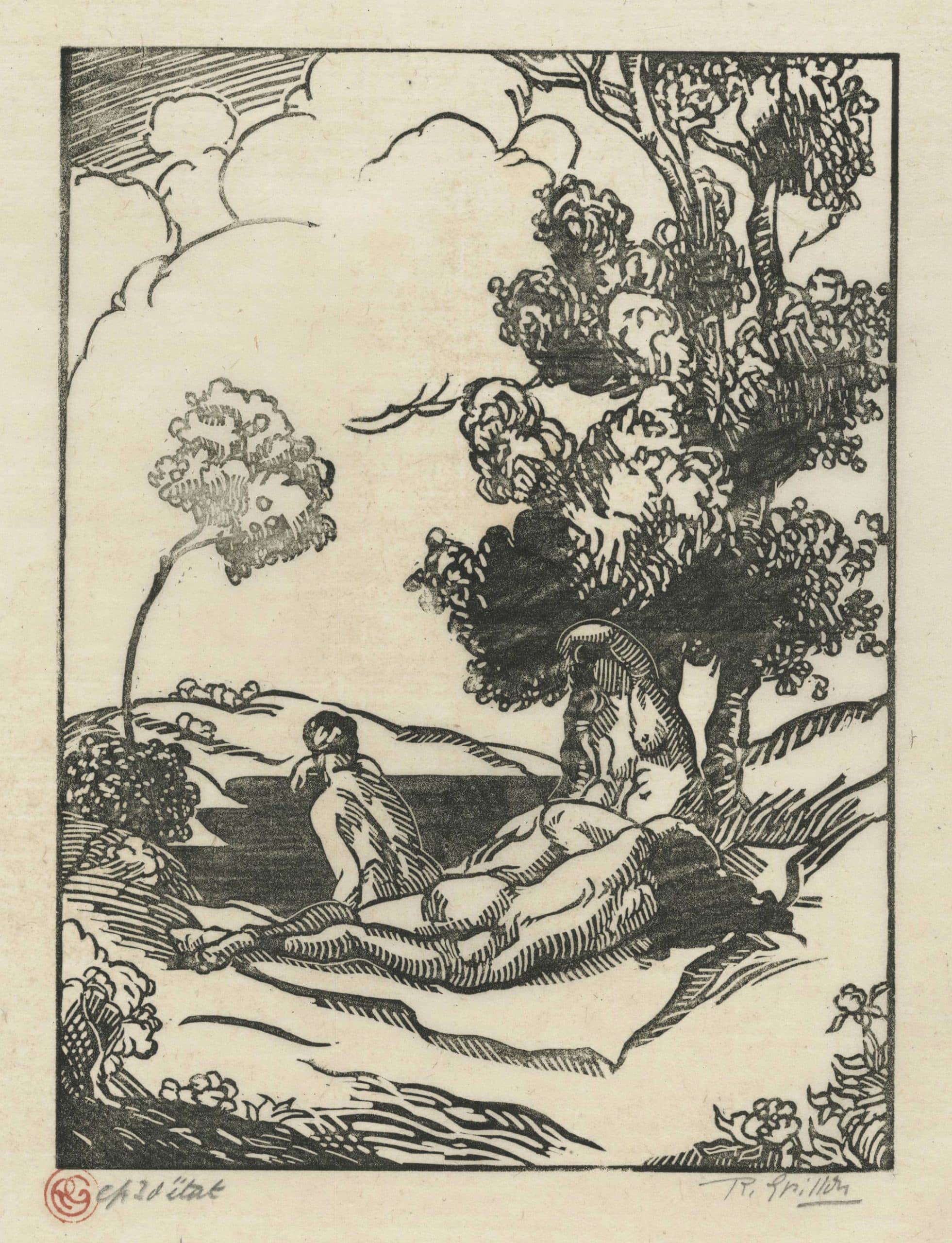 Trois personnages nus se reposant sous des arbres