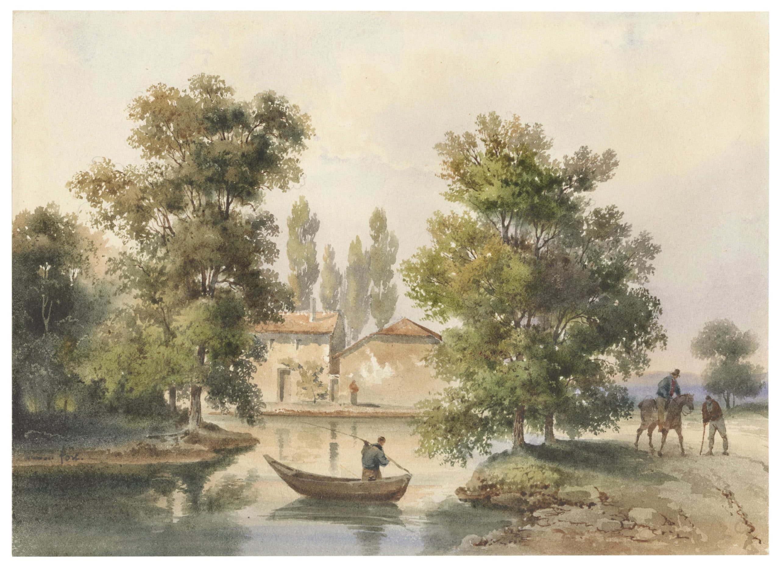 Étang bordé d’arbres, au fond une ferme