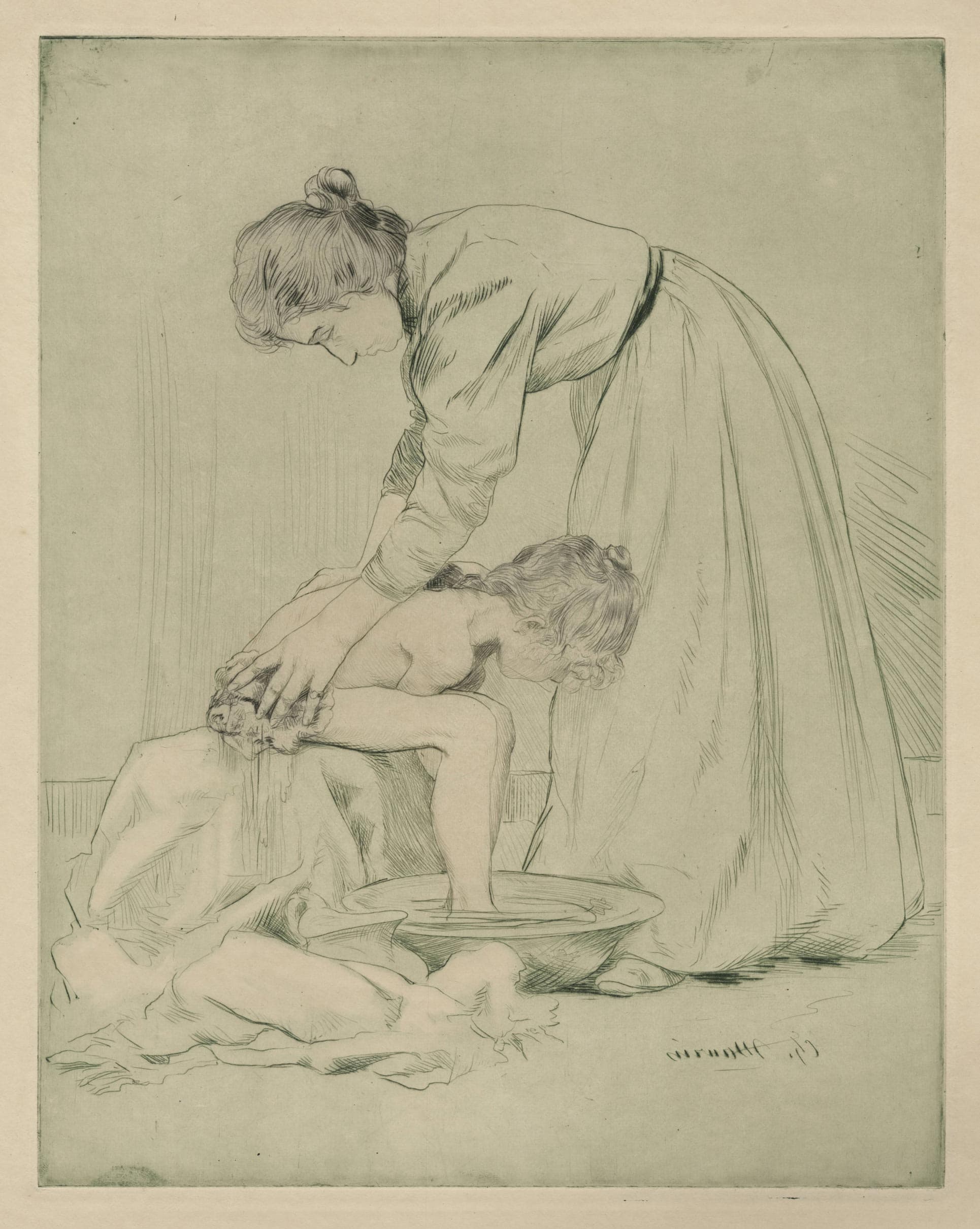 La toilette de l’enfant, assis, les pieds dans la cuvette