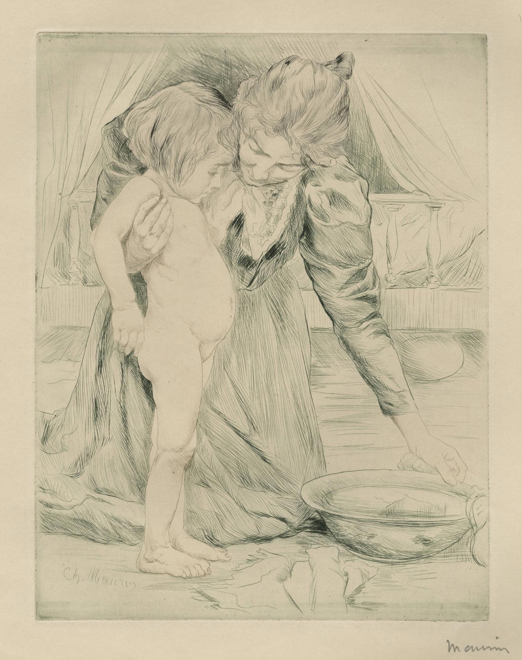 Mother and daughter to her toilette