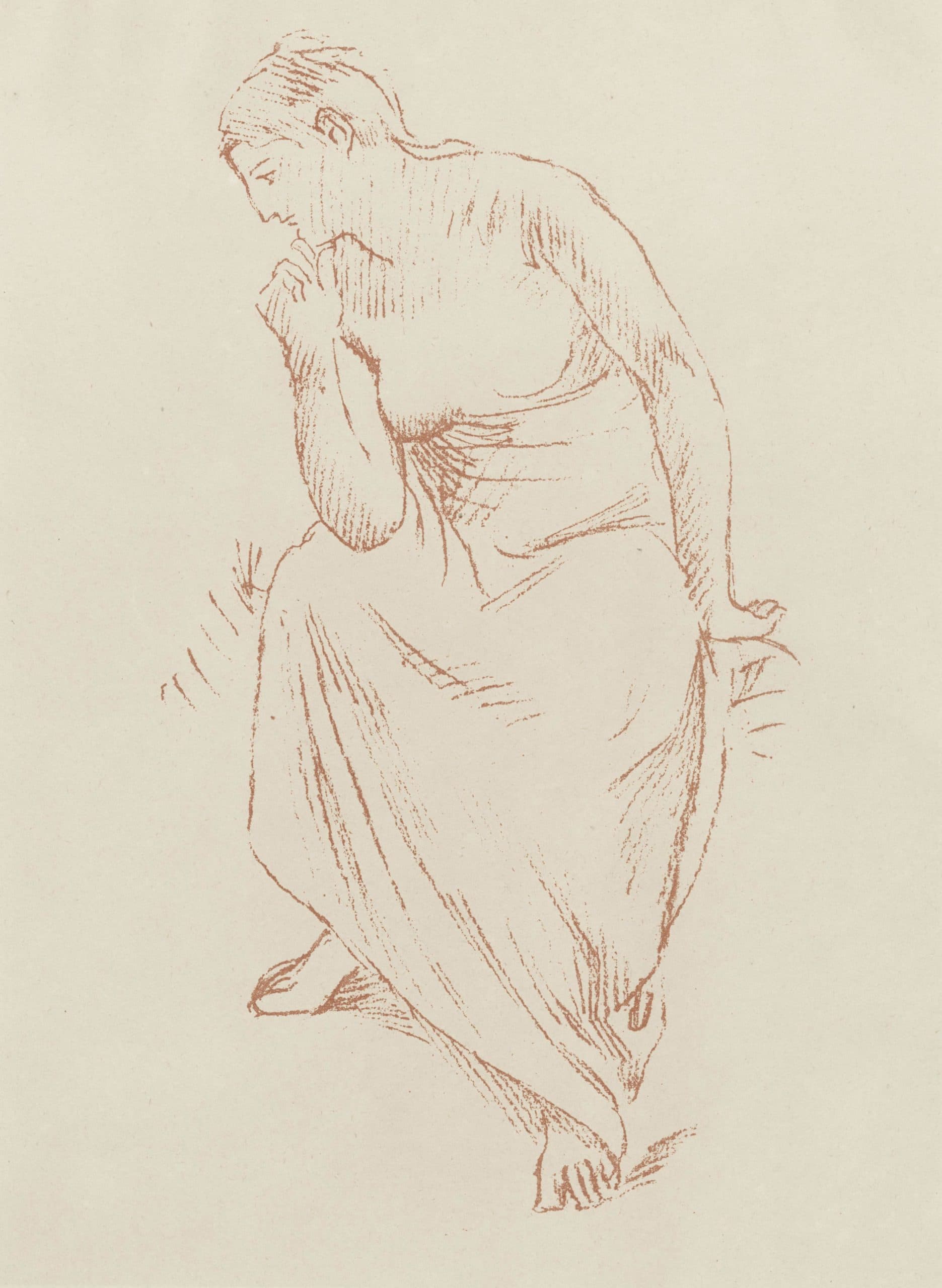 Seated woman leaning to the left with her hand on her chin