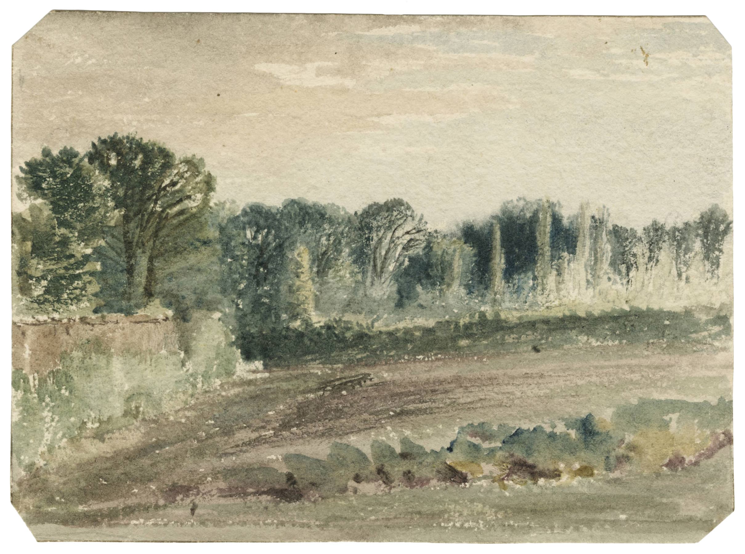 Paysage avec champ et mur à gauche