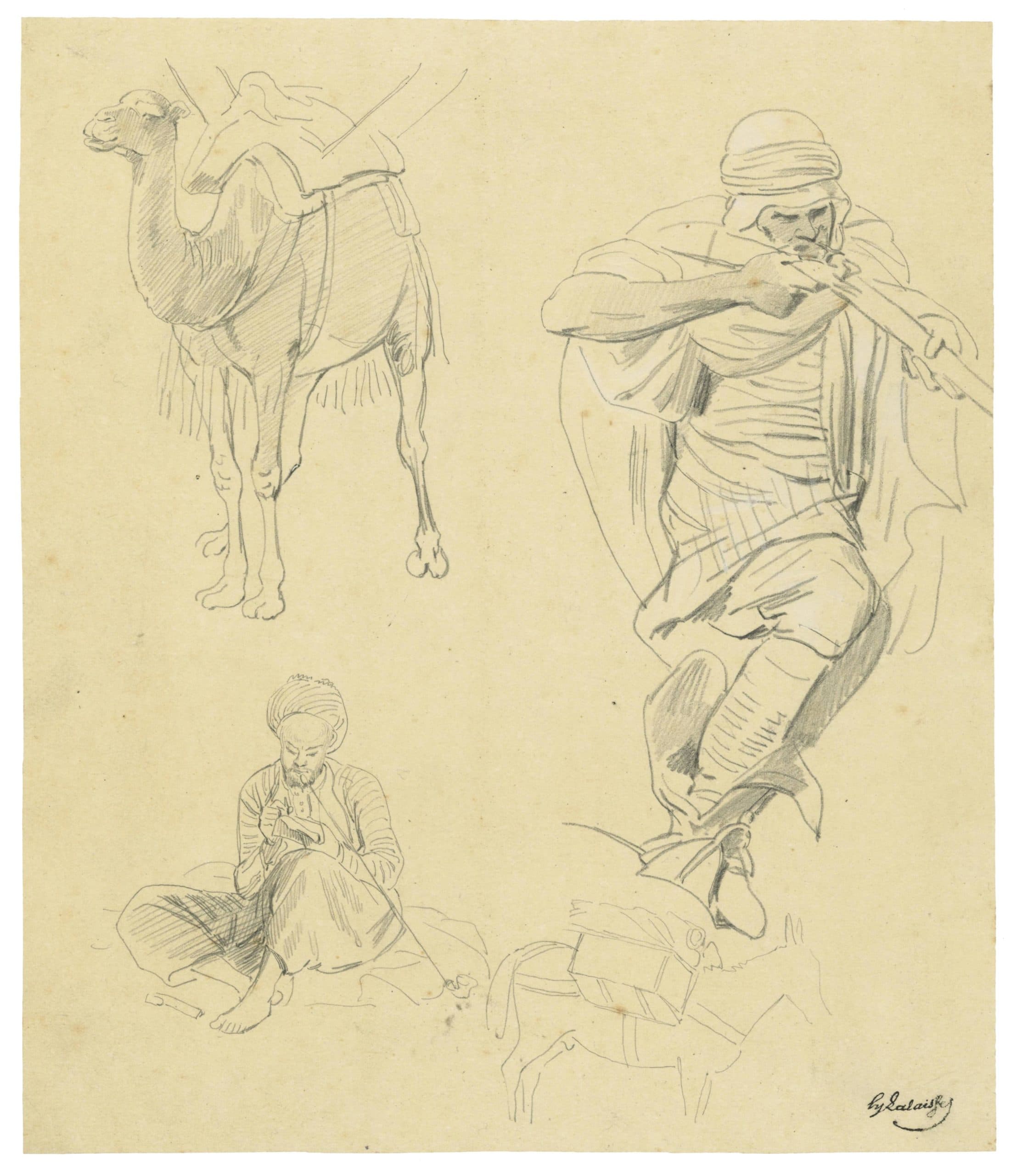 Sketches: man aiming with his shotgun, camel, donkey and smoker