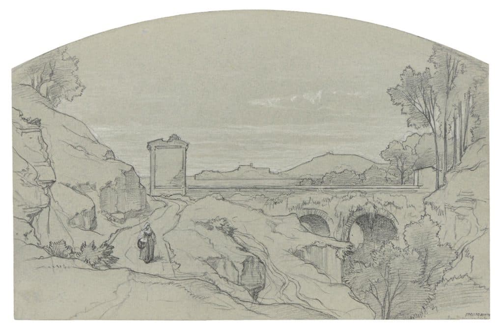 Bertin – Paysanne sur un sentier longeant un ravin proche d’un pont à arcades