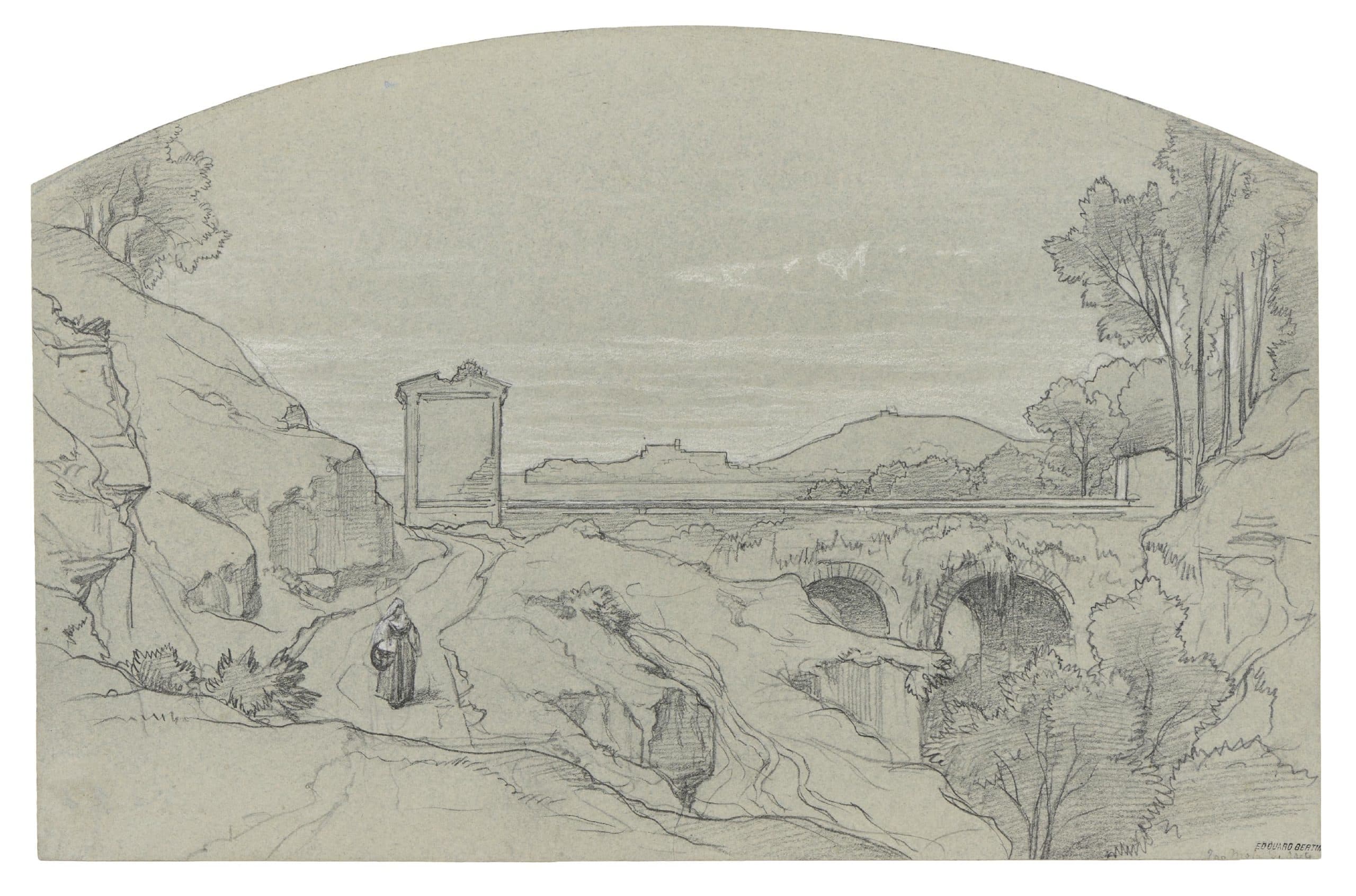 Paysanne sur un sentier longeant un ravin proche d’un pont à arcades