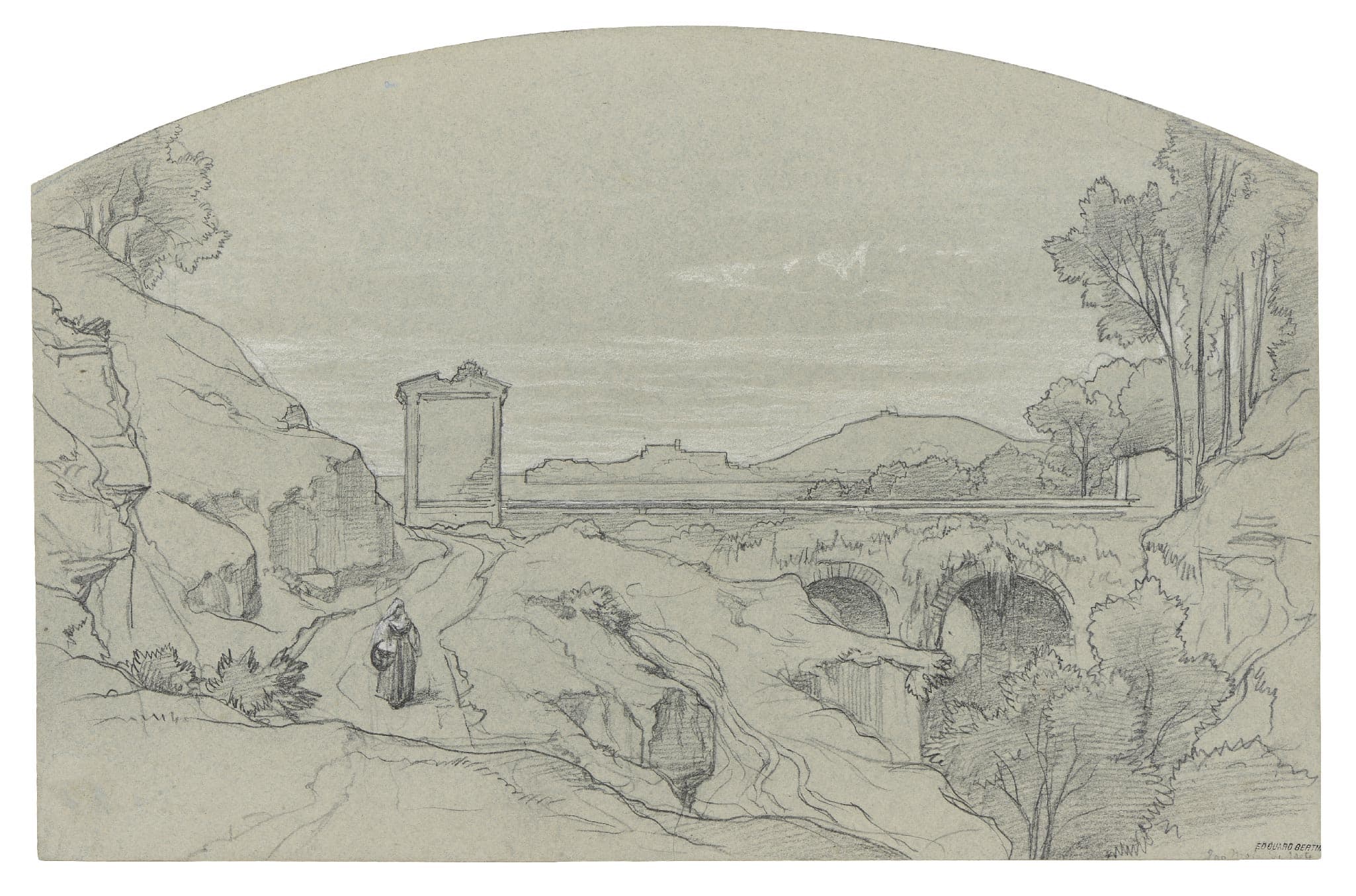 Peasant woman on a path along a ravine near an arched bridge