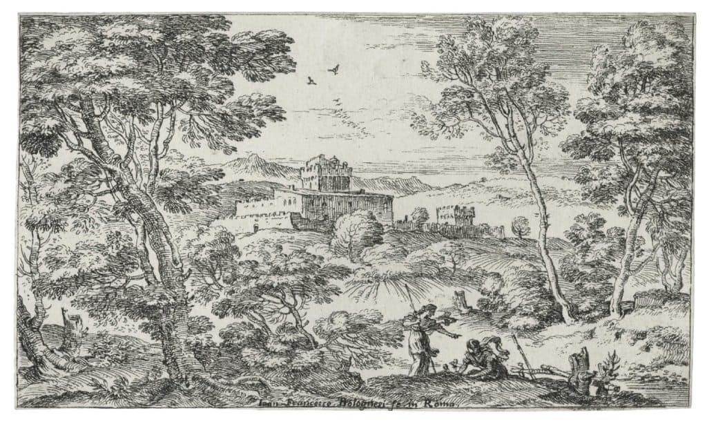 Grimaldi – Paysage avec une ferme fortifiée et deux figures au premier plan