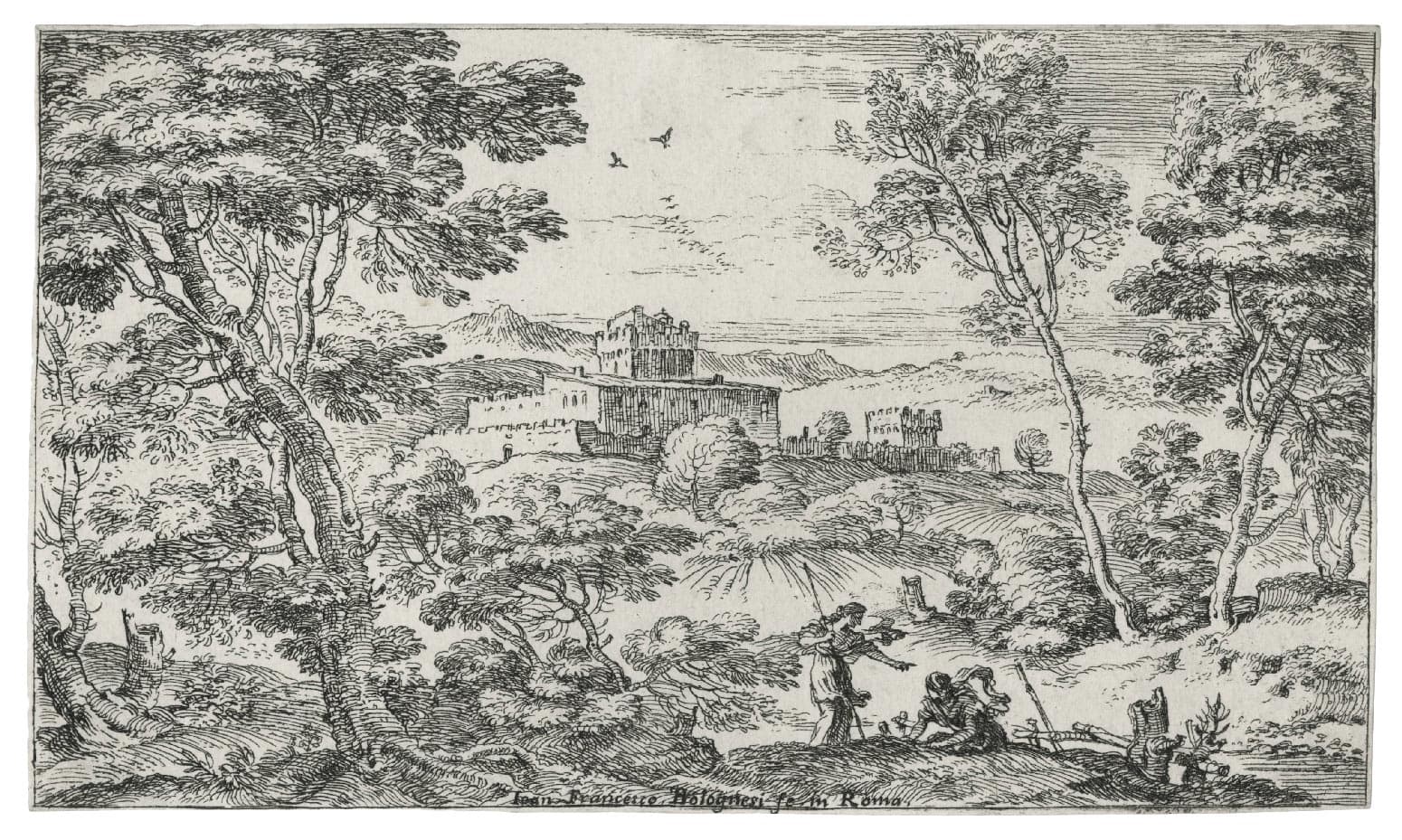 Paysage avec une ferme fortifiée et deux figures au premier plan