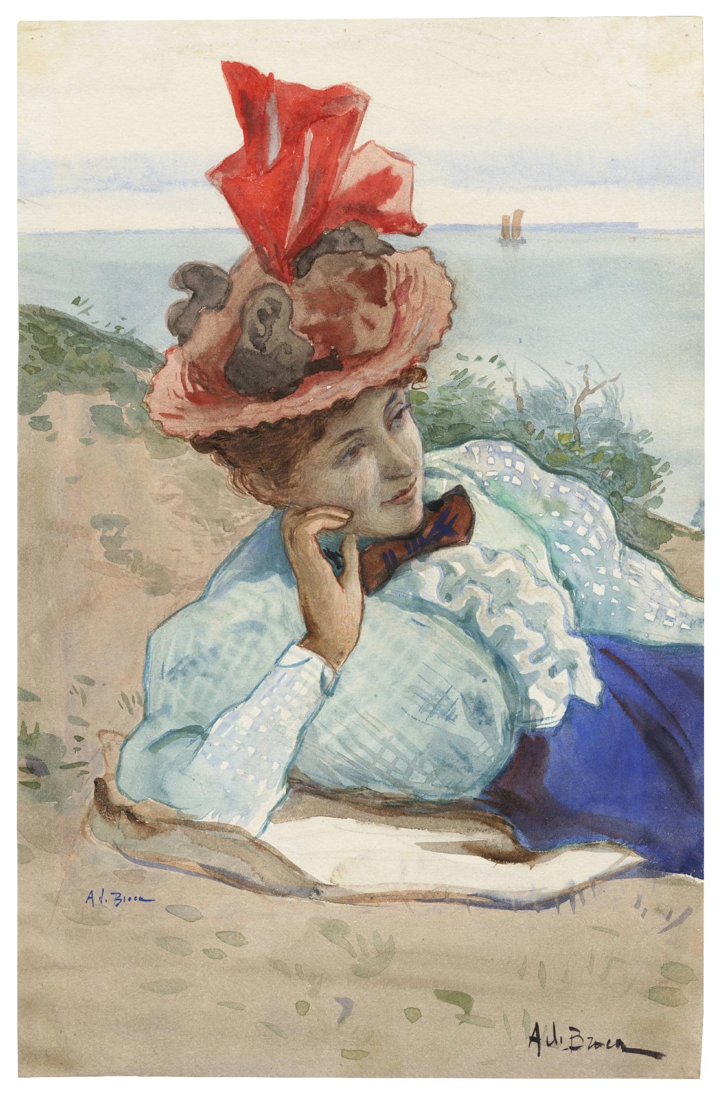 Portrait of a woman lying by the sea