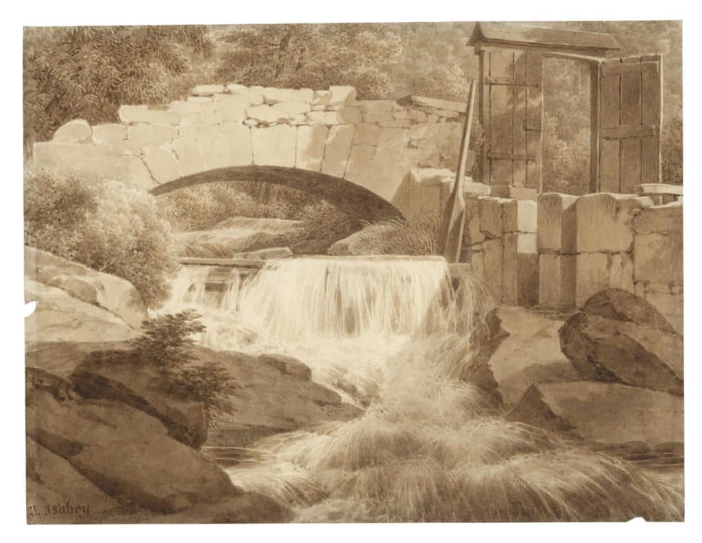 Isabey (Jean-Baptiste) – Pont à l’abandon et rivière en crue