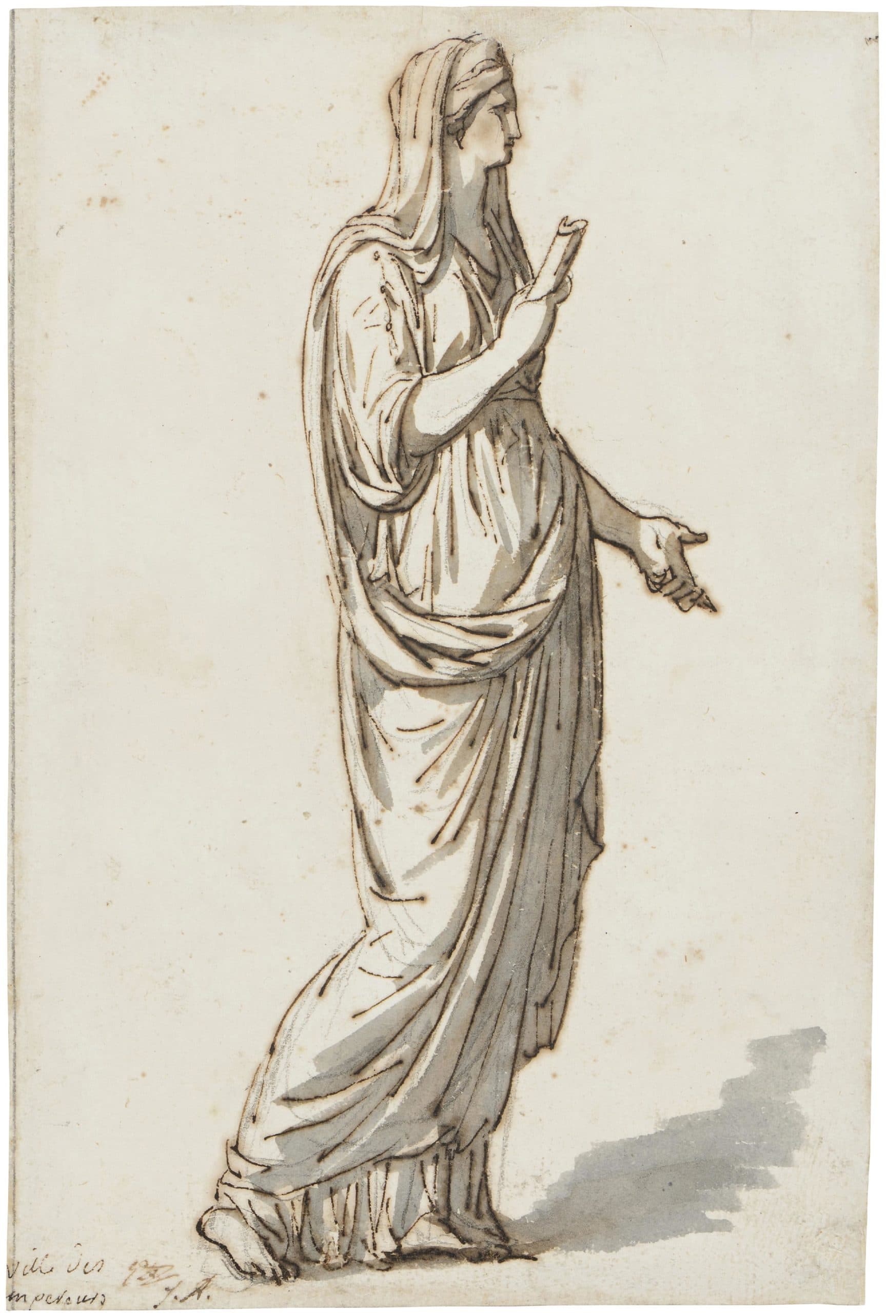 DAVID Jacques-Louis — Femme debout, drapée, vue de profil, tournée vers la droite et tenant un rouleau dans la main droite (Junon ?)